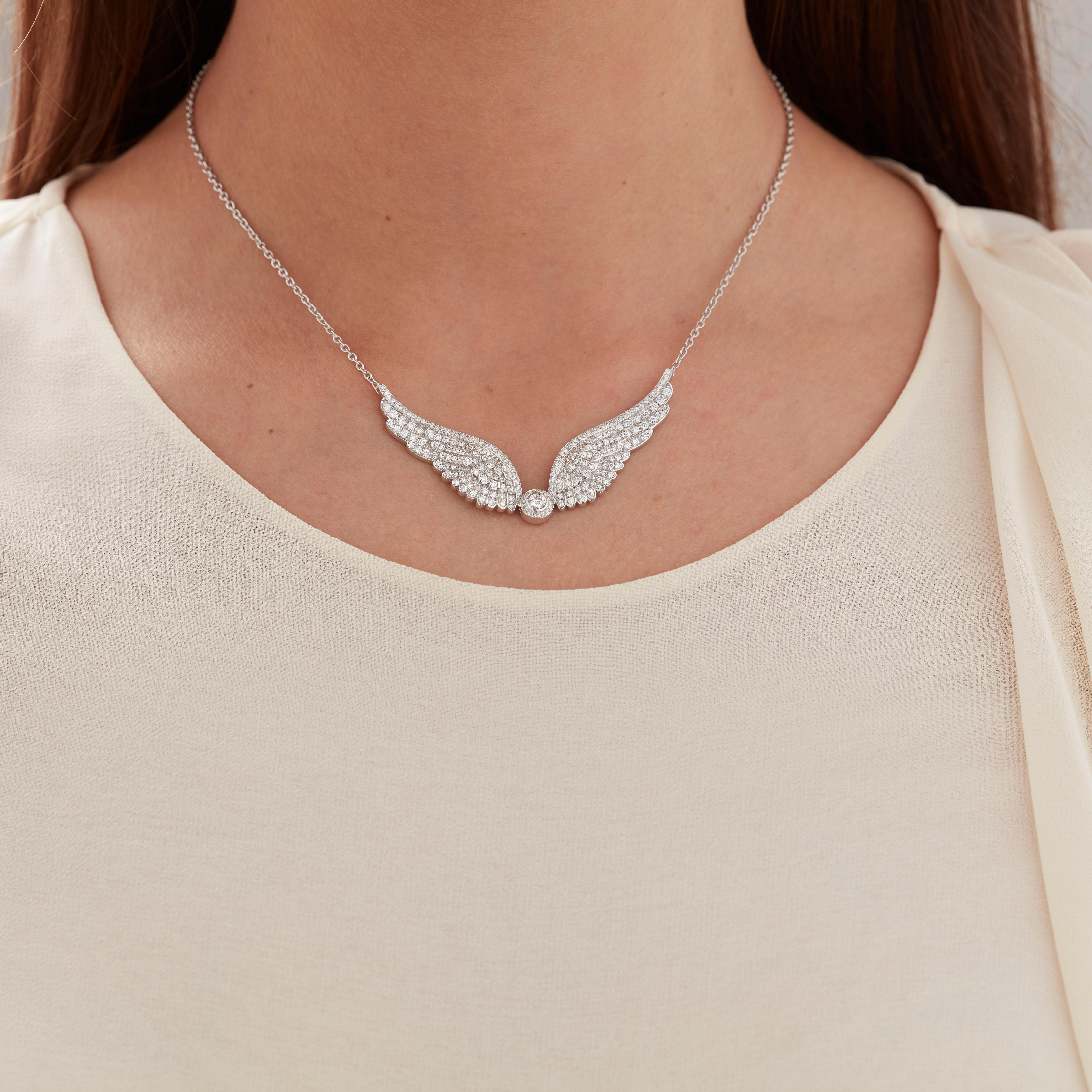 A House of Garrard 18 karat white gold necklace from the 'Wings Classic' collection, set with round white diamonds.

250 round white diamonds weighing: 1.85cts

The House of Garrard is the longest serving jeweller in the world. The creative hub of