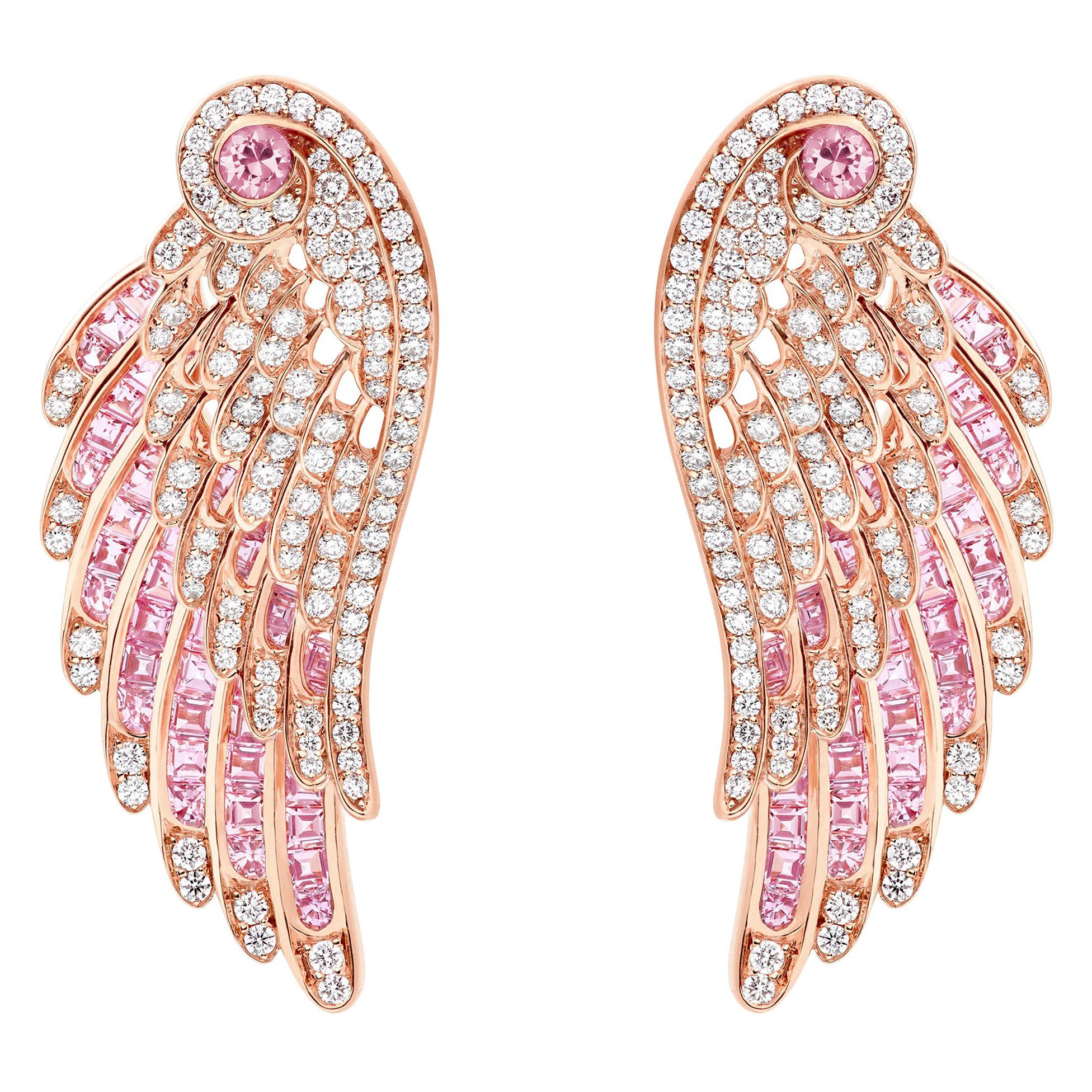 Garrard 'Wings Embrace' 18 Karat Rose Gold White Diamond Pink Sapphire Earrings For Sale