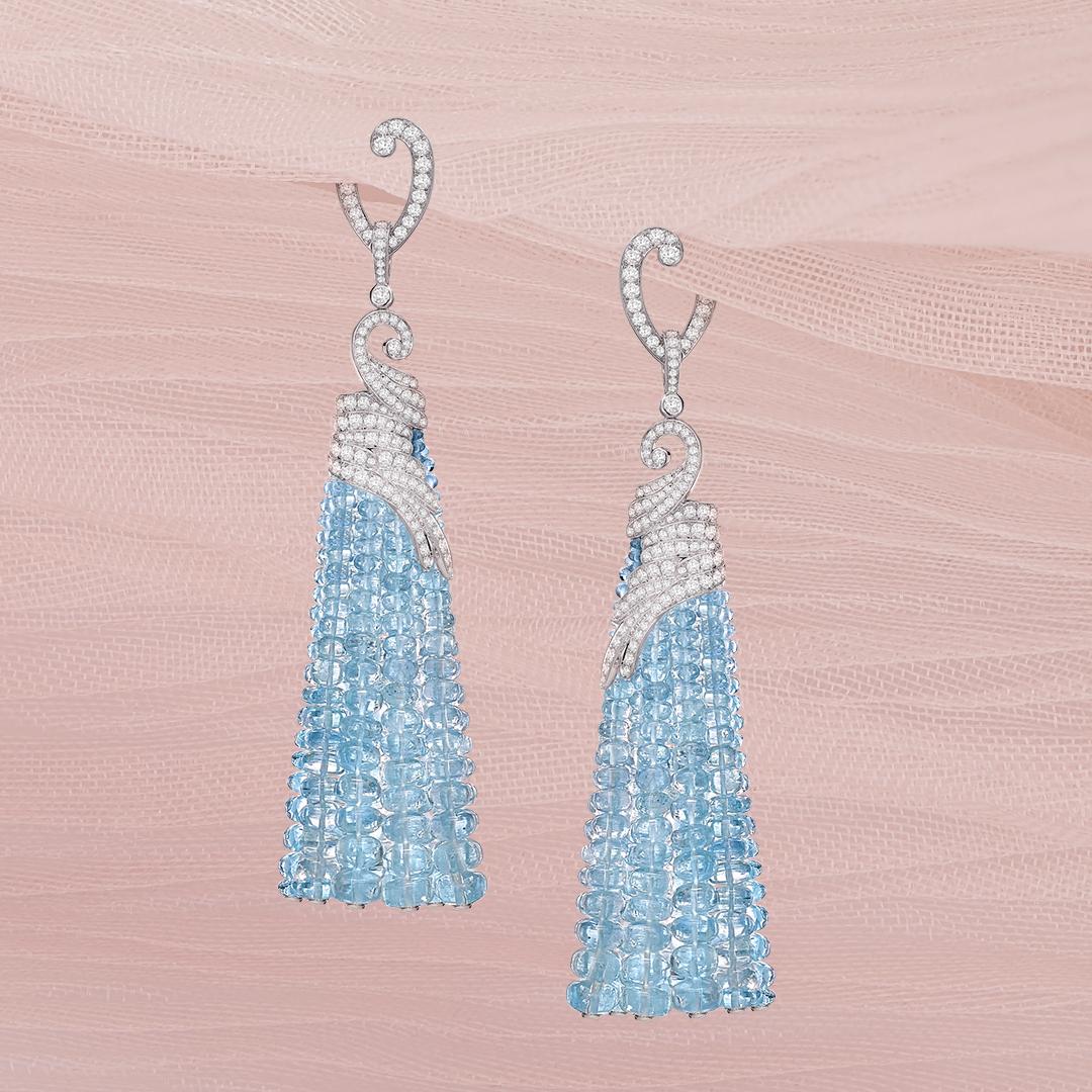 Round Cut Garrard Wings Embrace 18 Karat White Gold Aquamarine Bead Tassel Drop Earrings 