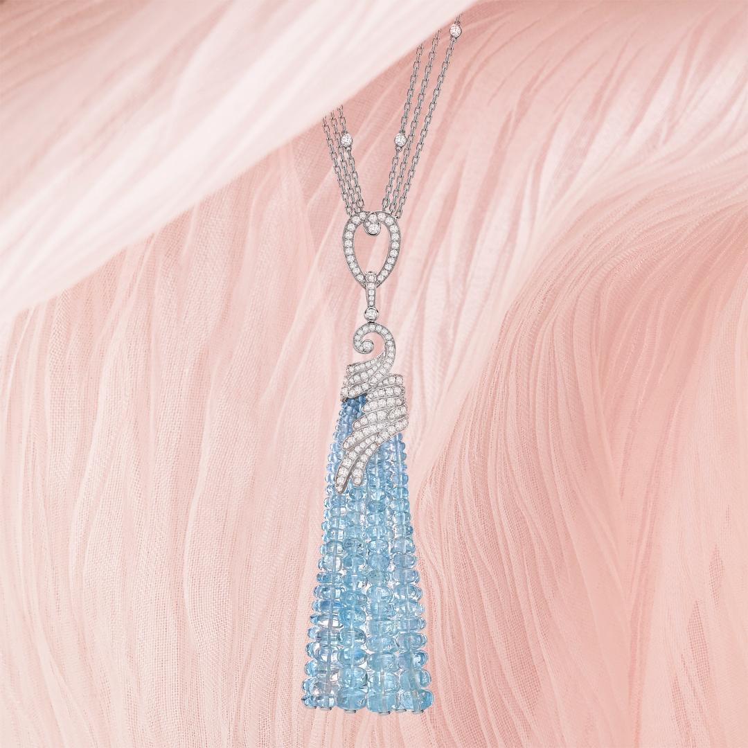 Round Cut Garrard Wings Embrace 18 Karat White Gold Aquamarine Beaded Tassel Pendant