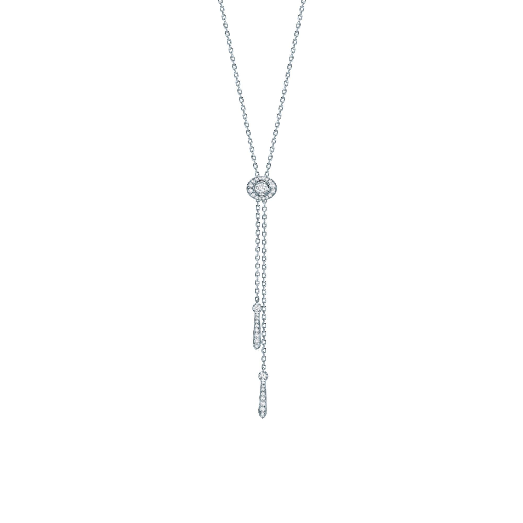 An 18 karat white gold pendant from The House of Garrard Wings Embrace collection set with 180 round white diamonds weighing 2.35 carats. The pendant has a total length of 65cm and features an adjustable slider allowing it to be worn at different