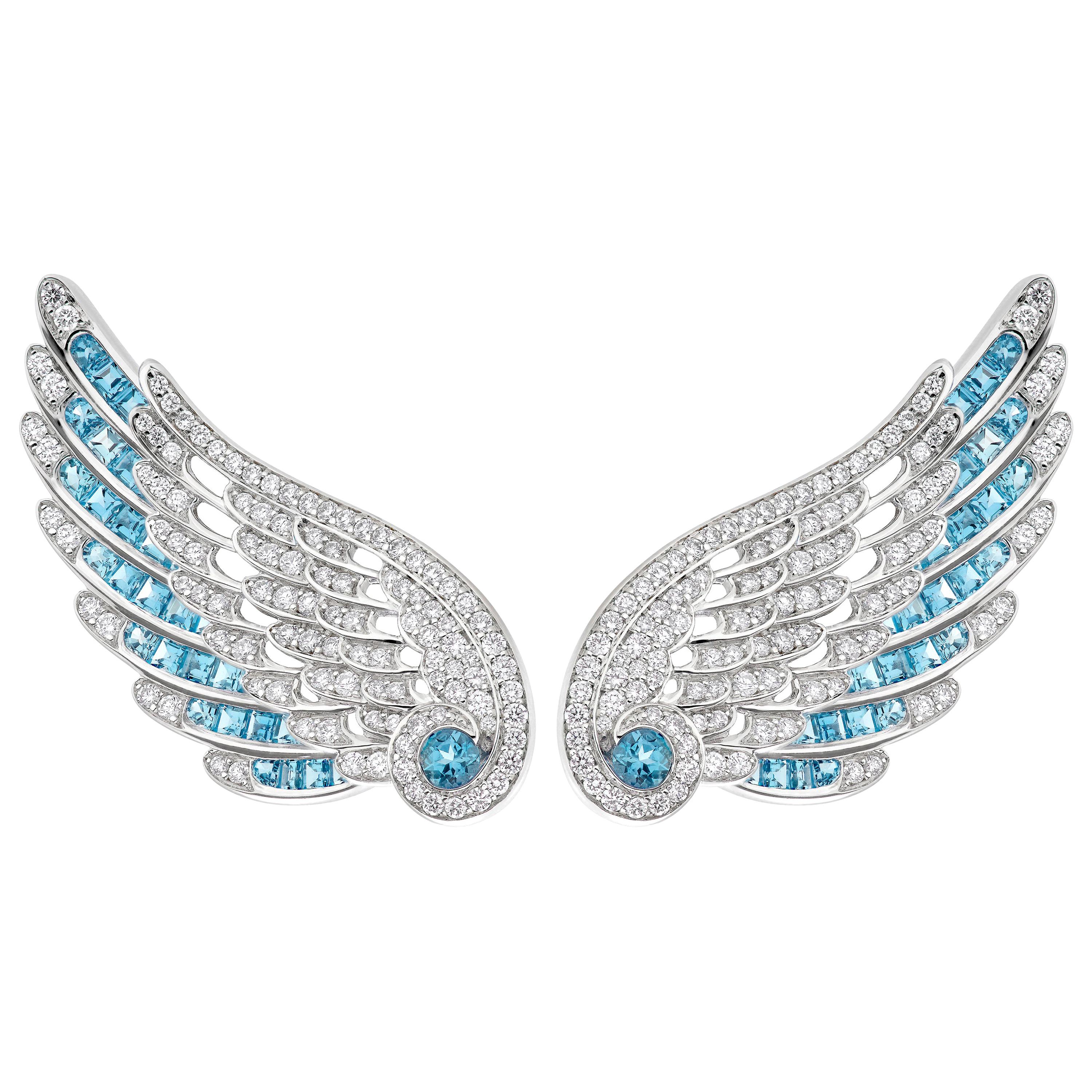 Garrard 'Wings Embrace' 18 Karat White Gold White Diamond Aquamarine Earrings For Sale