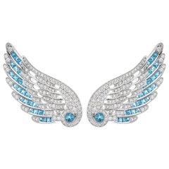 Garrard 'Wings Embrace' 18 Karat White Gold White Diamond Aquamarine Earrings