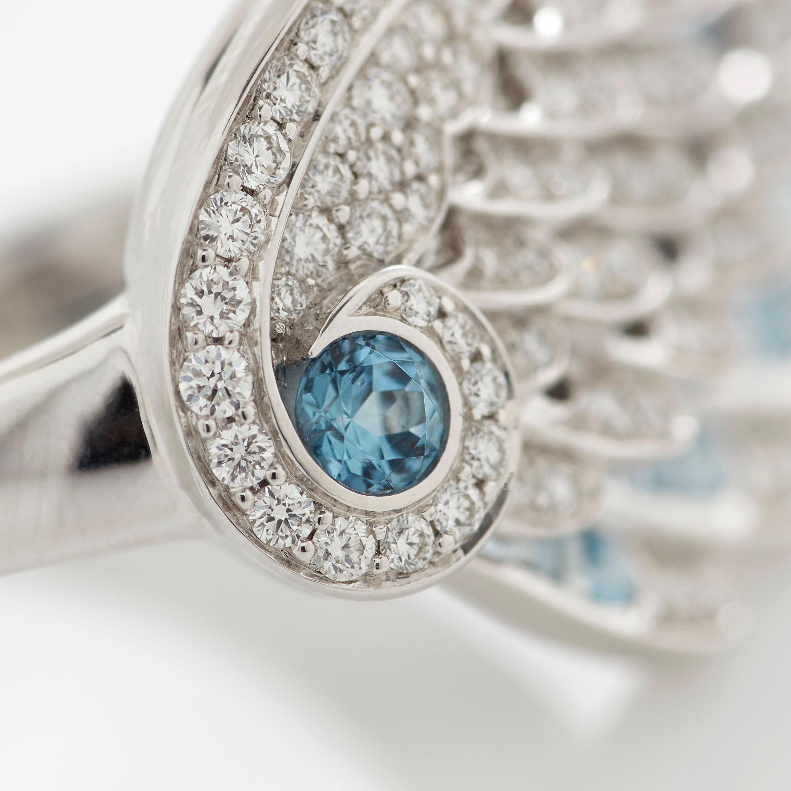 Round Cut Garrard 'Wings Embrace' 18 Karat White Gold White Diamond Aquamarine Ring For Sale