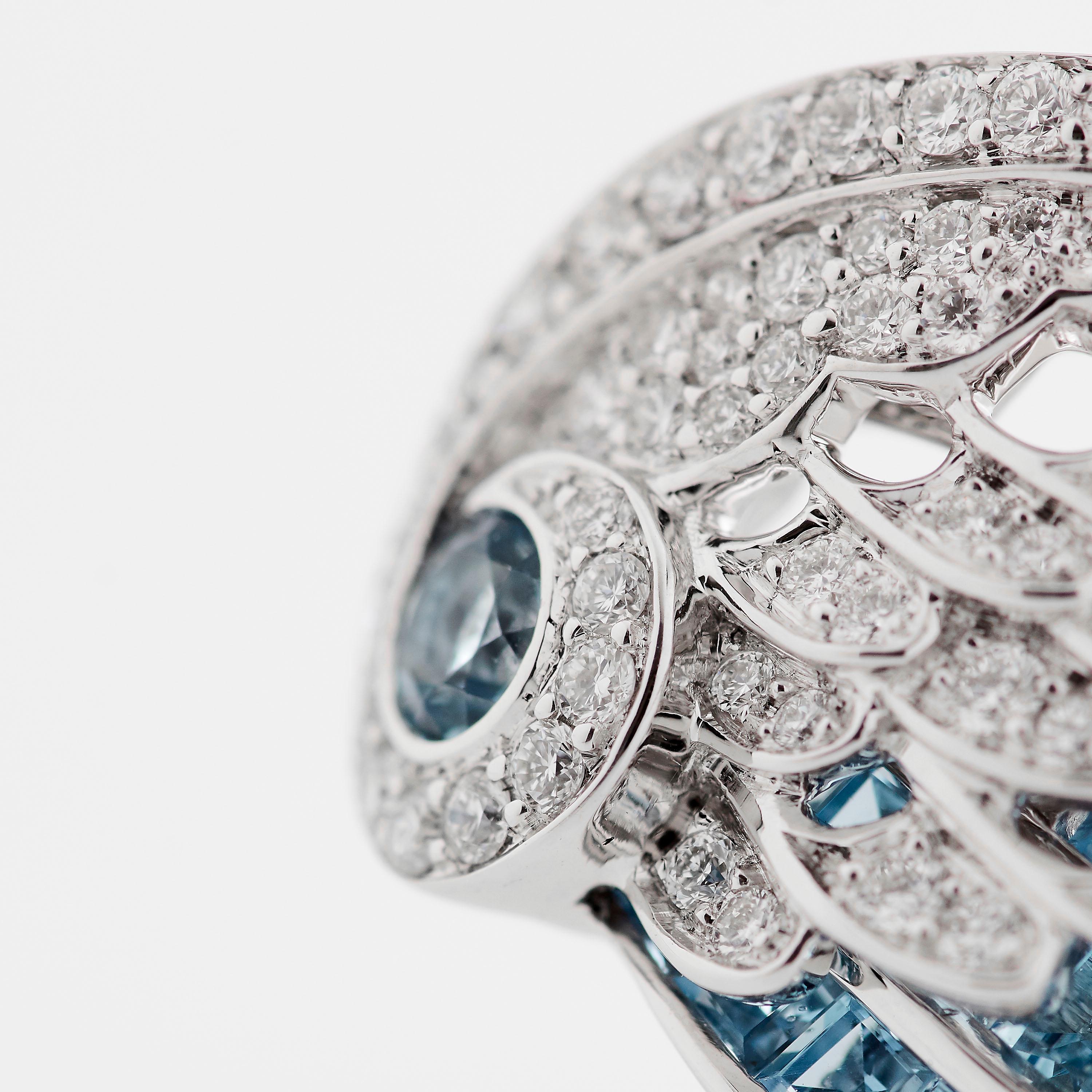 Modern Garrard 'Wings Embrace' 18 Karat White Gold White Diamond Aquamarine Ring For Sale