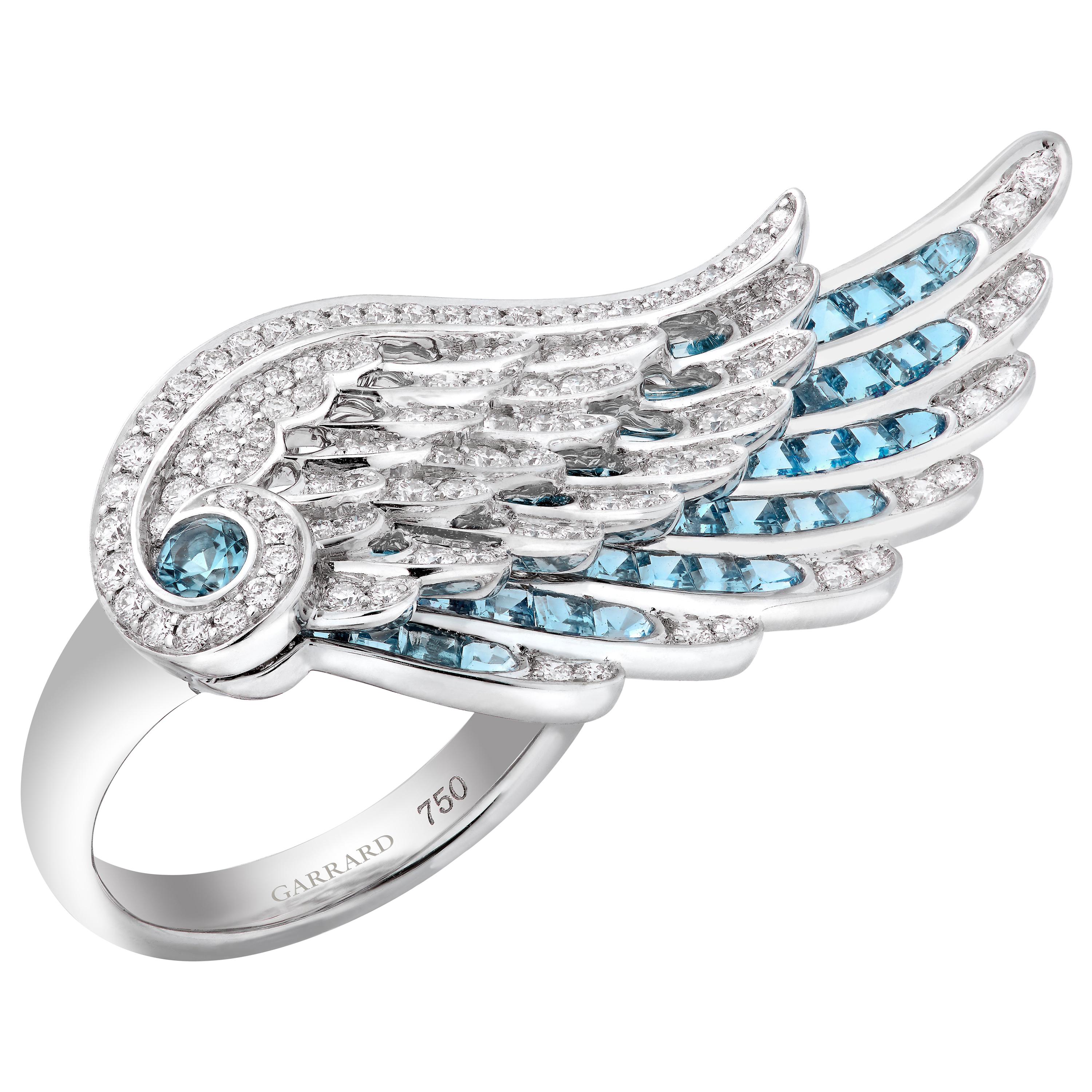 Garrard 'Wings Embrace' 18 Karat White Gold White Diamond Aquamarine Ring For Sale