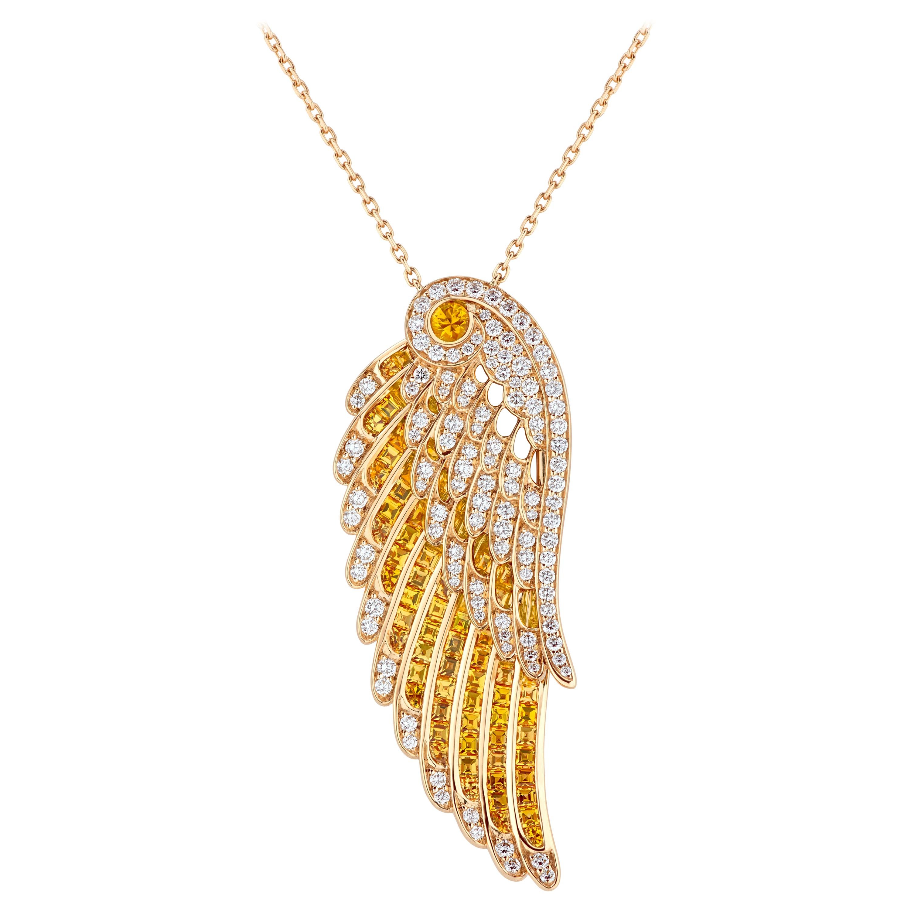 Garrard 'Wings Embrace' 18 Karat Yellow Gold Diamond and Yellow Sapphire Pendant For Sale