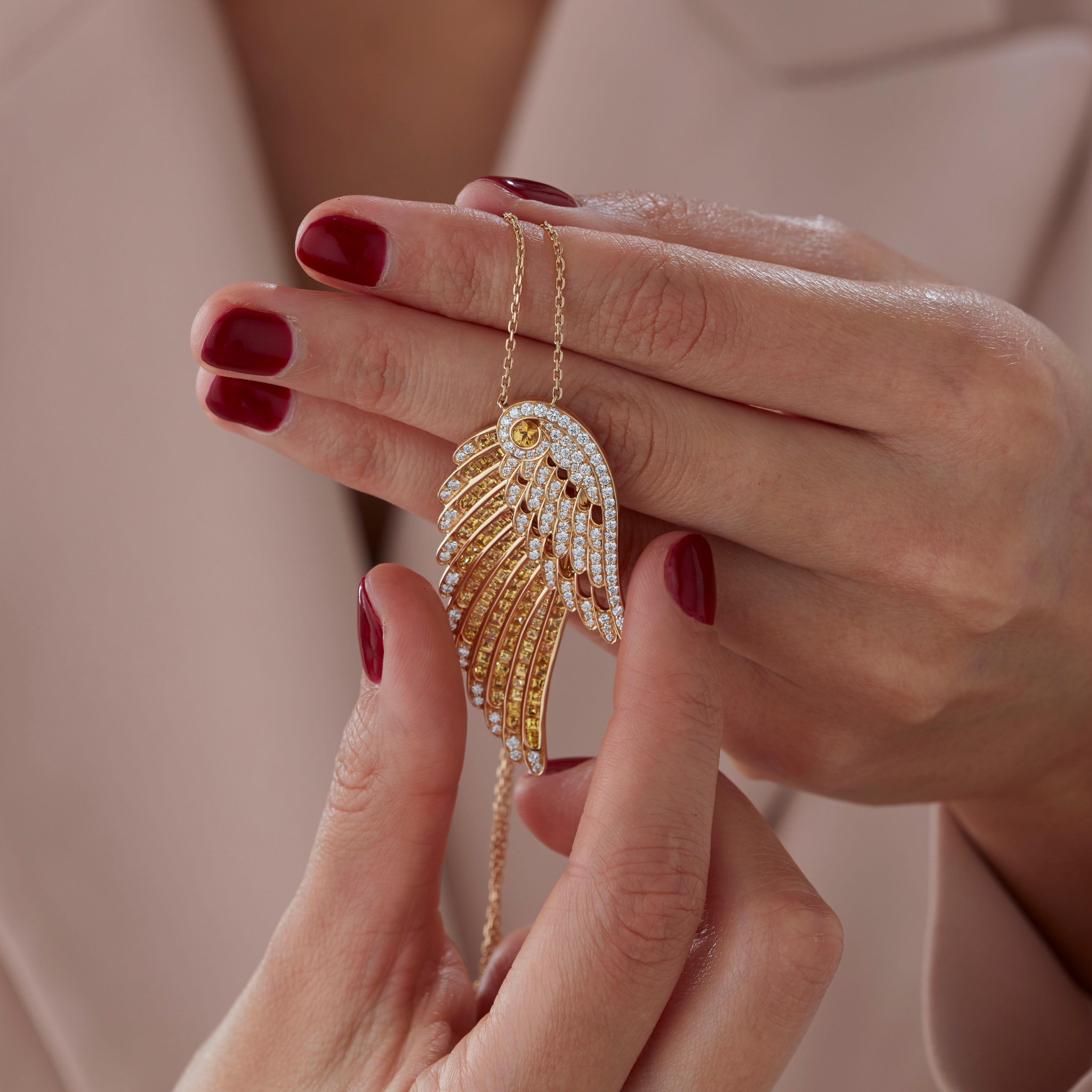 Women's or Men's Garrard 'Wings Embrace' 18 Karat Yellow Gold Diamond and Yellow Sapphire Pendant For Sale