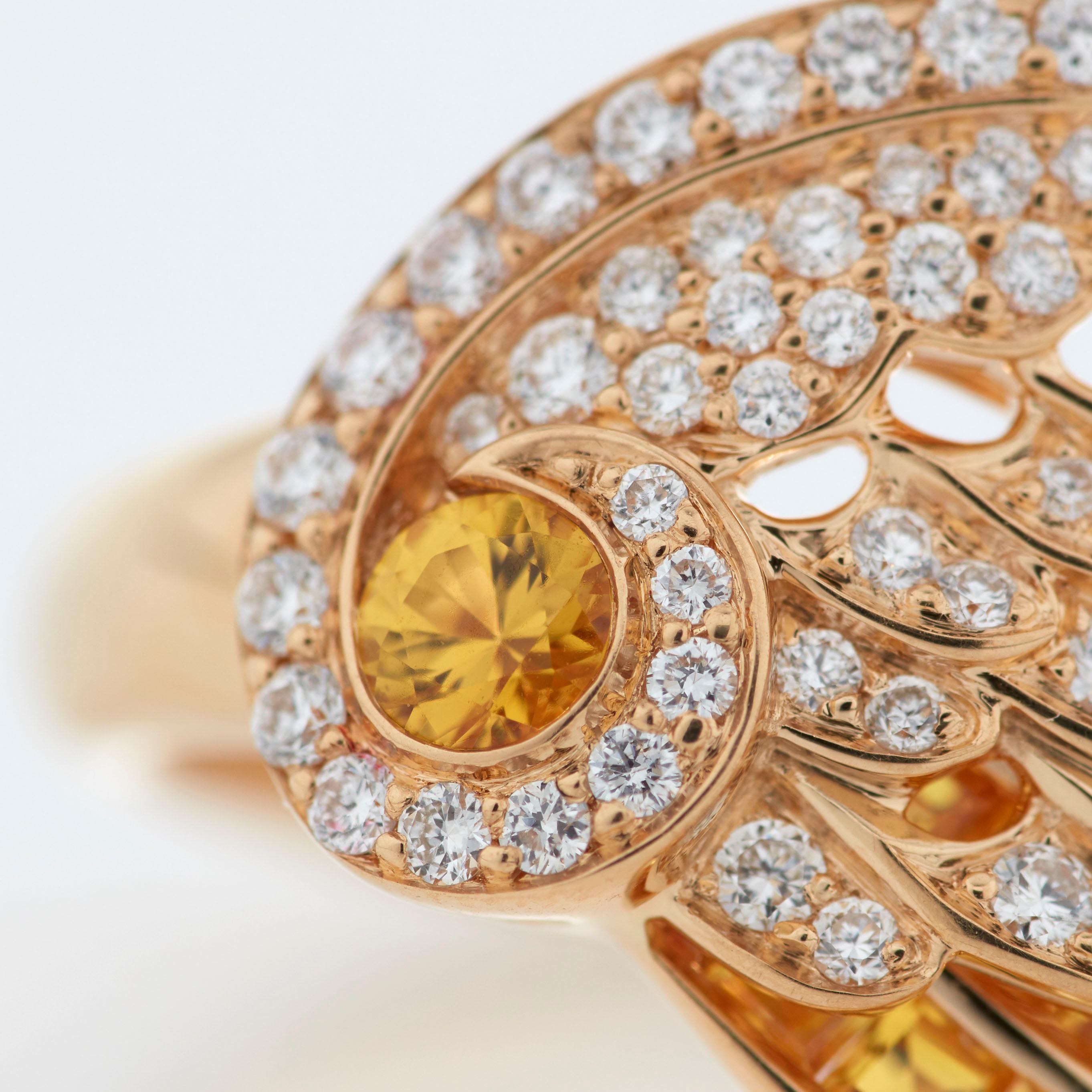 Round Cut Garrard 'Wings Embrace' 18 Karat Yellow Gold White Diamond Yellow Sapphire Ring For Sale