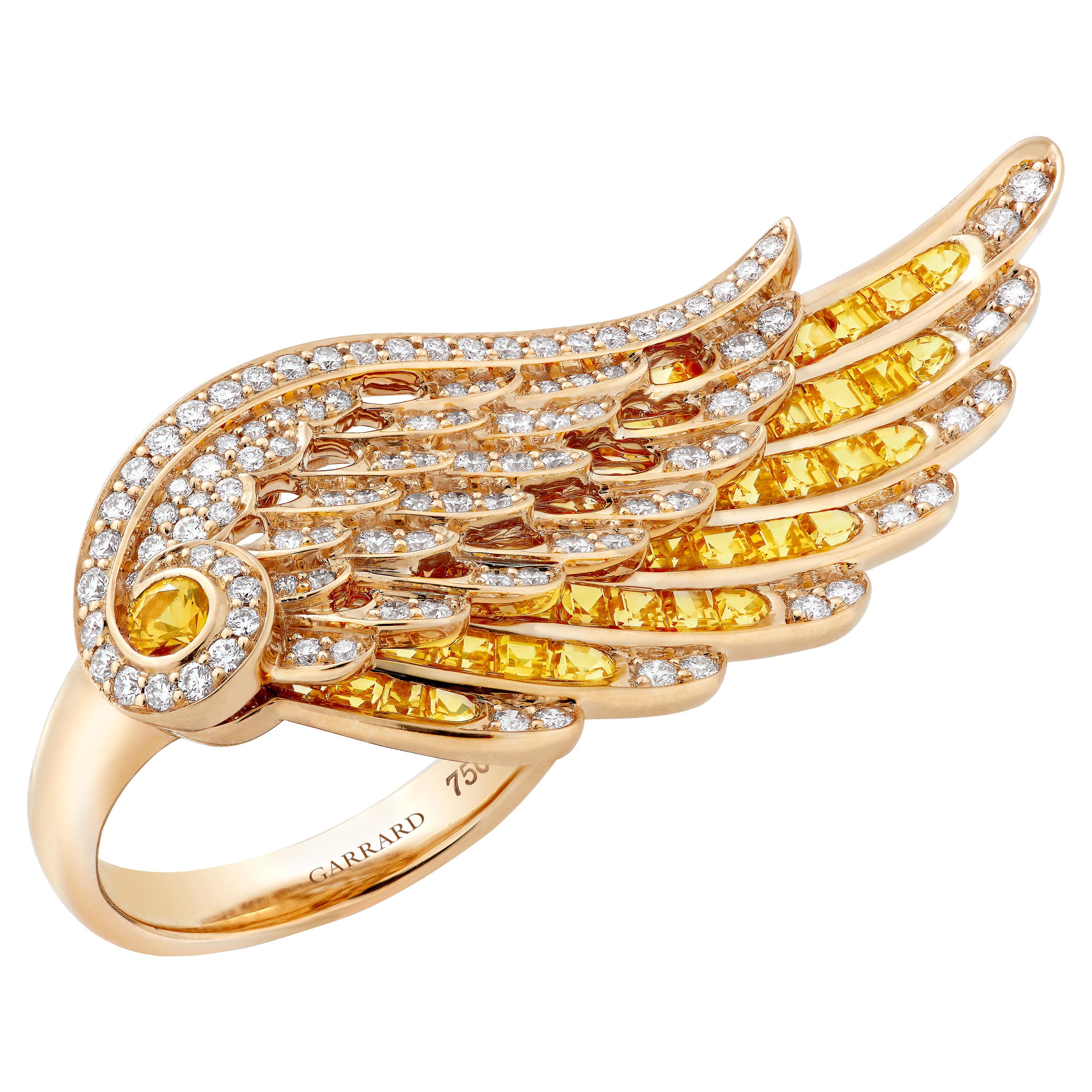 Garrard 'Wings Embrace' 18 Karat Yellow Gold White Diamond Yellow Sapphire Ring For Sale