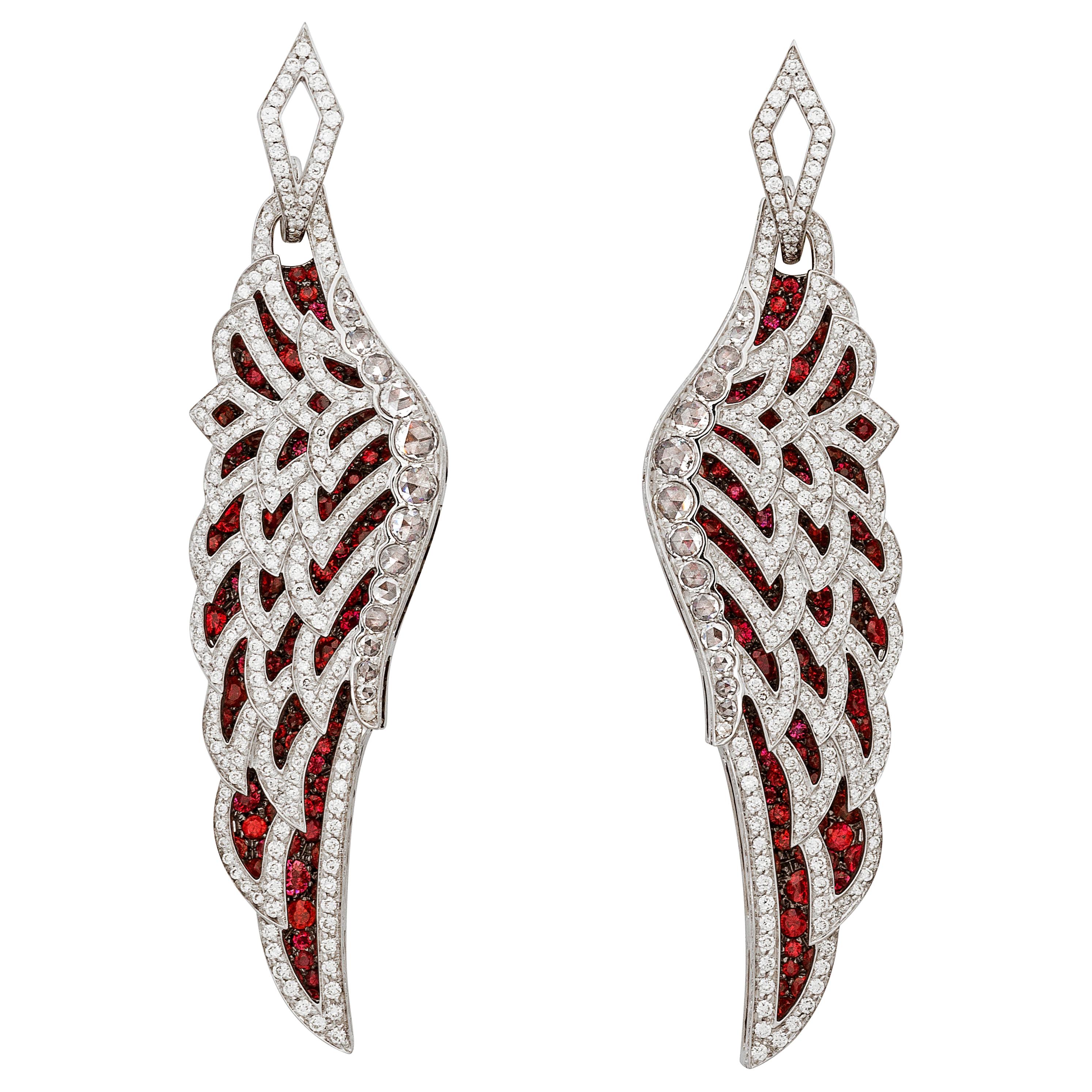 Garrard 'Wings Lace' 18 Karat White Gold Rose Cut Diamond and Ruby Drop Earrings For Sale