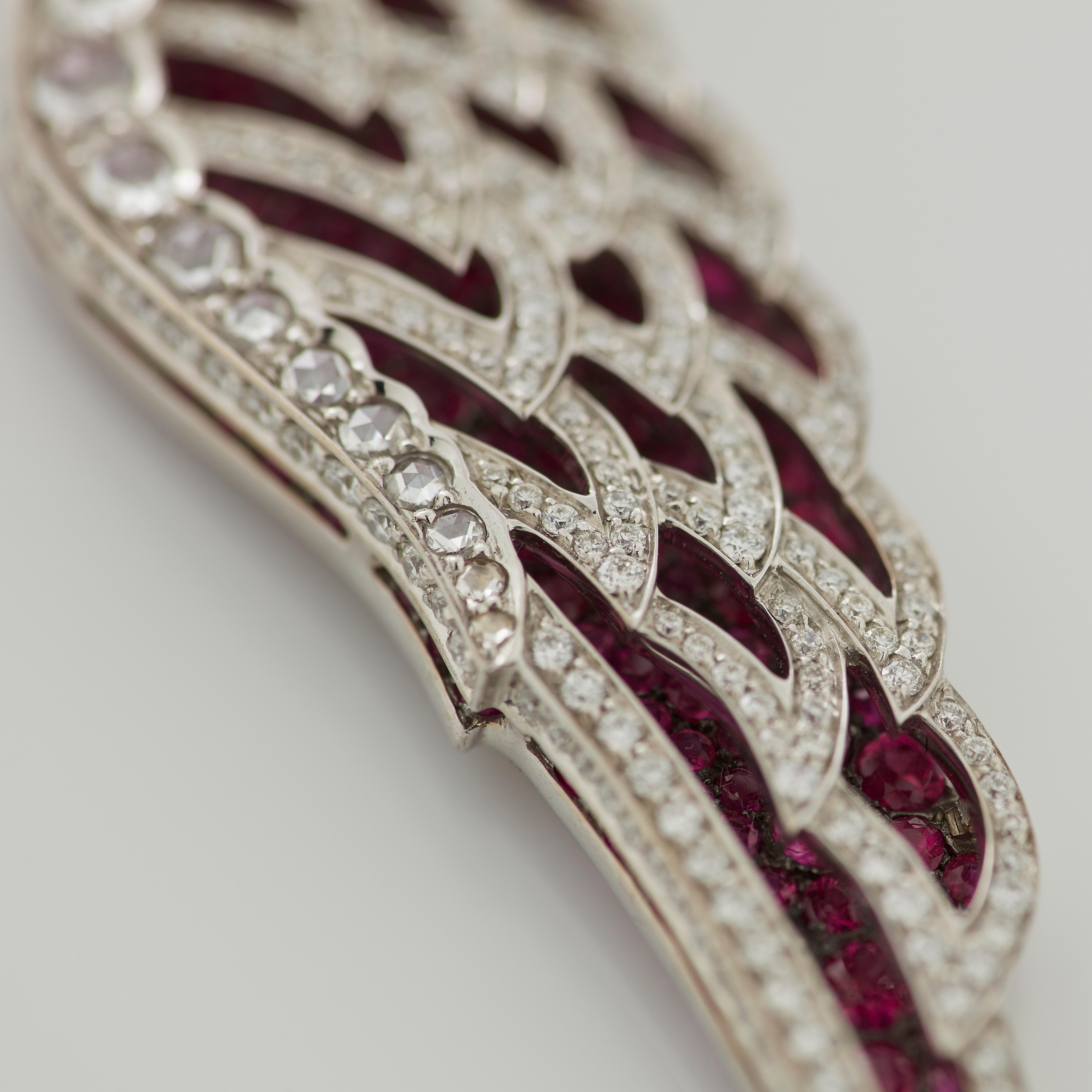 Garrard 'Wings Lace' 18 Karat White Gold Rose Cut Diamond and Ruby Drop Earrings For Sale 1