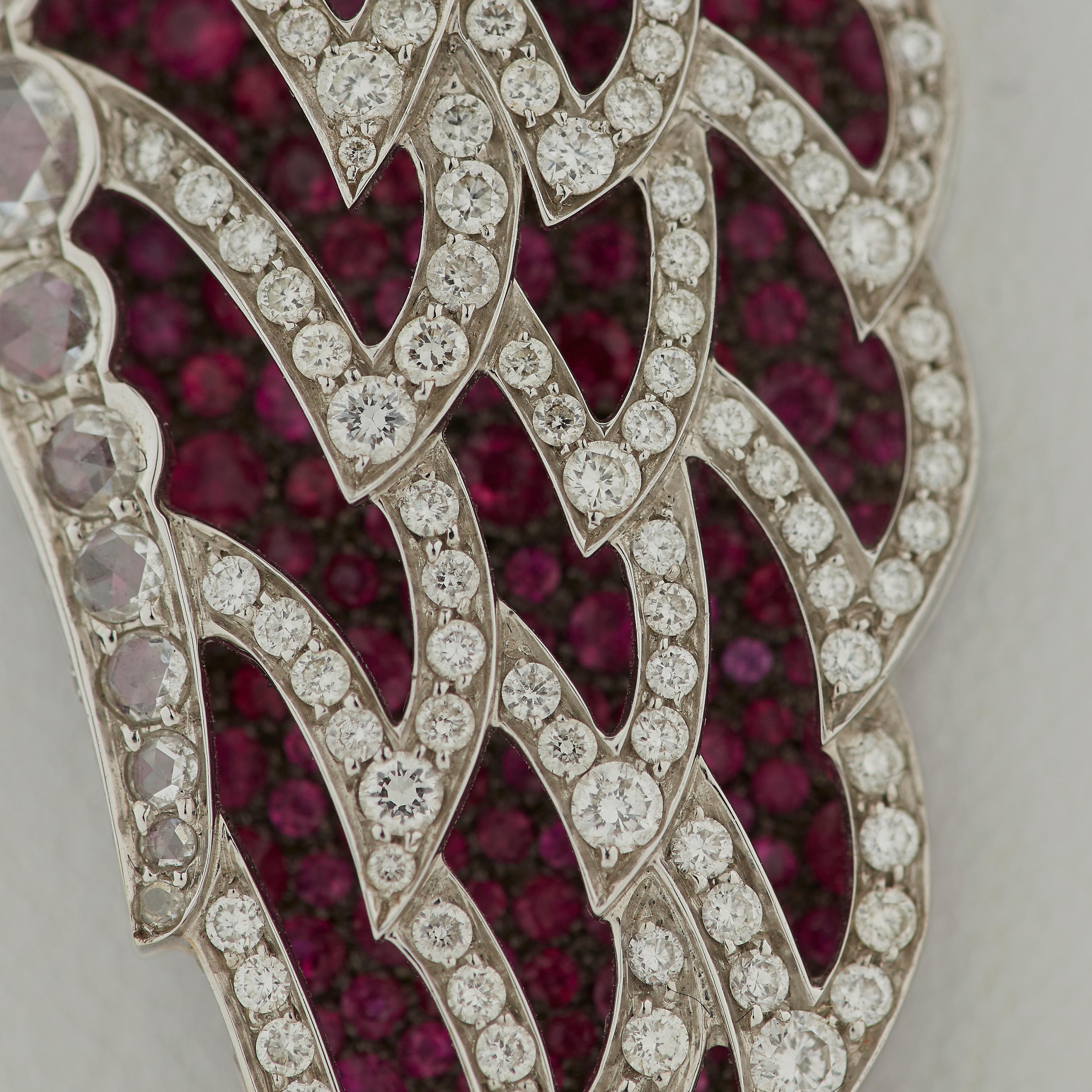 Garrard 'Wings Lace' 18 Karat White Gold Rose Cut Diamond and Ruby Drop Earrings For Sale 3