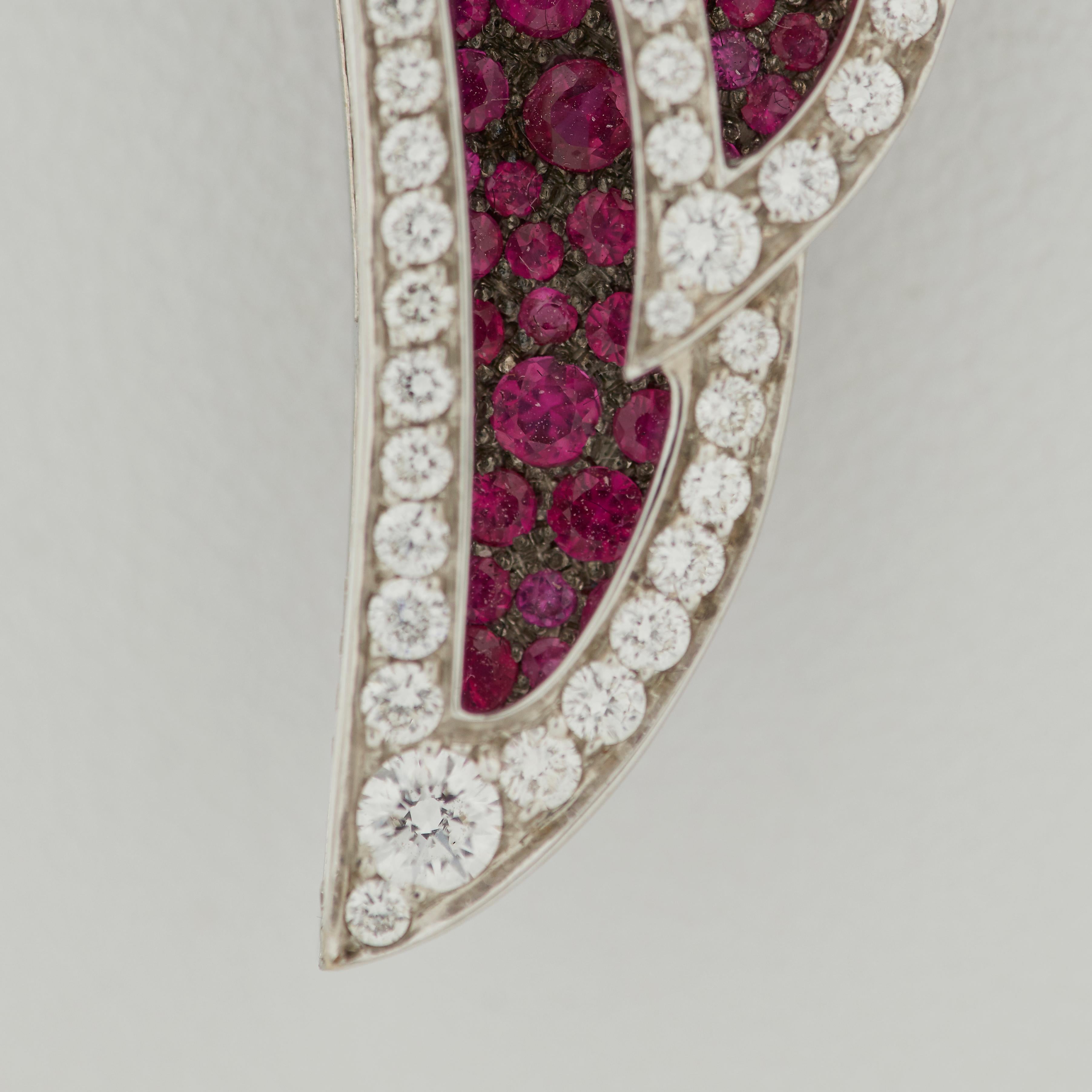 Garrard 'Wings Lace' 18 Karat White Gold Rose Cut Diamond and Ruby Drop Earrings For Sale 4