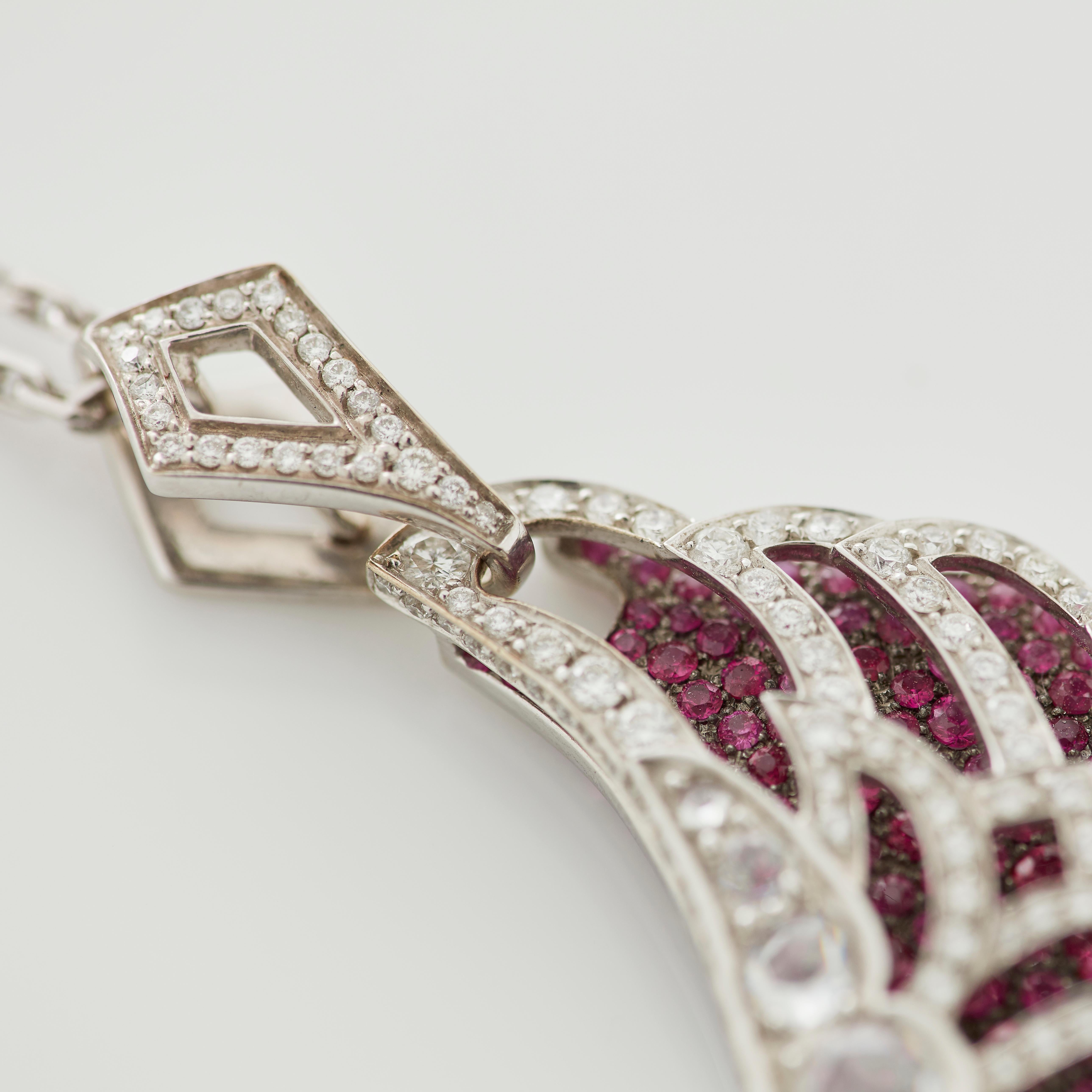 Garrard 'Wings Lace' 18 Karat White Gold Rose Cut Diamond and Ruby Drop Pendant In New Condition For Sale In London, London