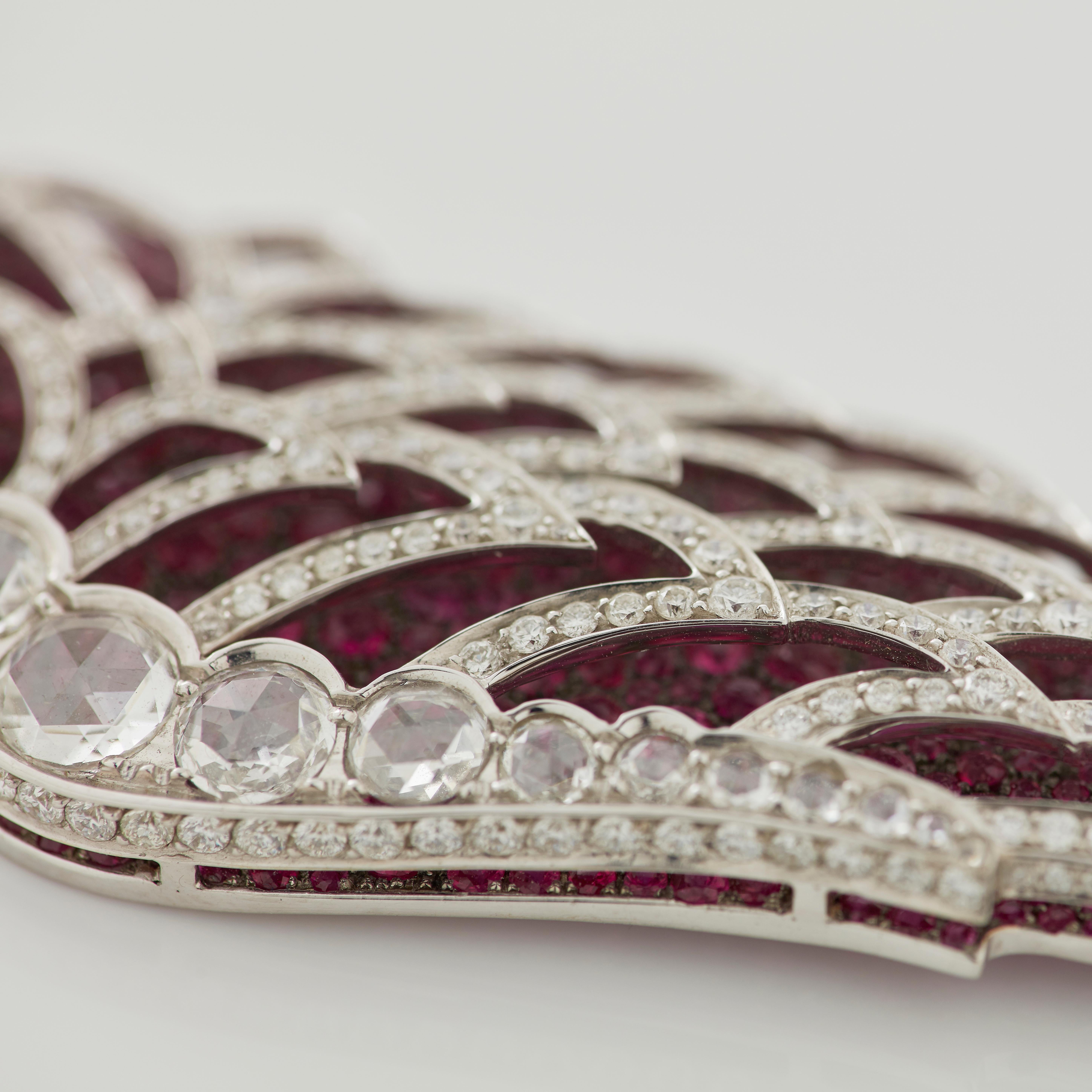Women's or Men's Garrard 'Wings Lace' 18 Karat White Gold Rose Cut Diamond and Ruby Drop Pendant For Sale
