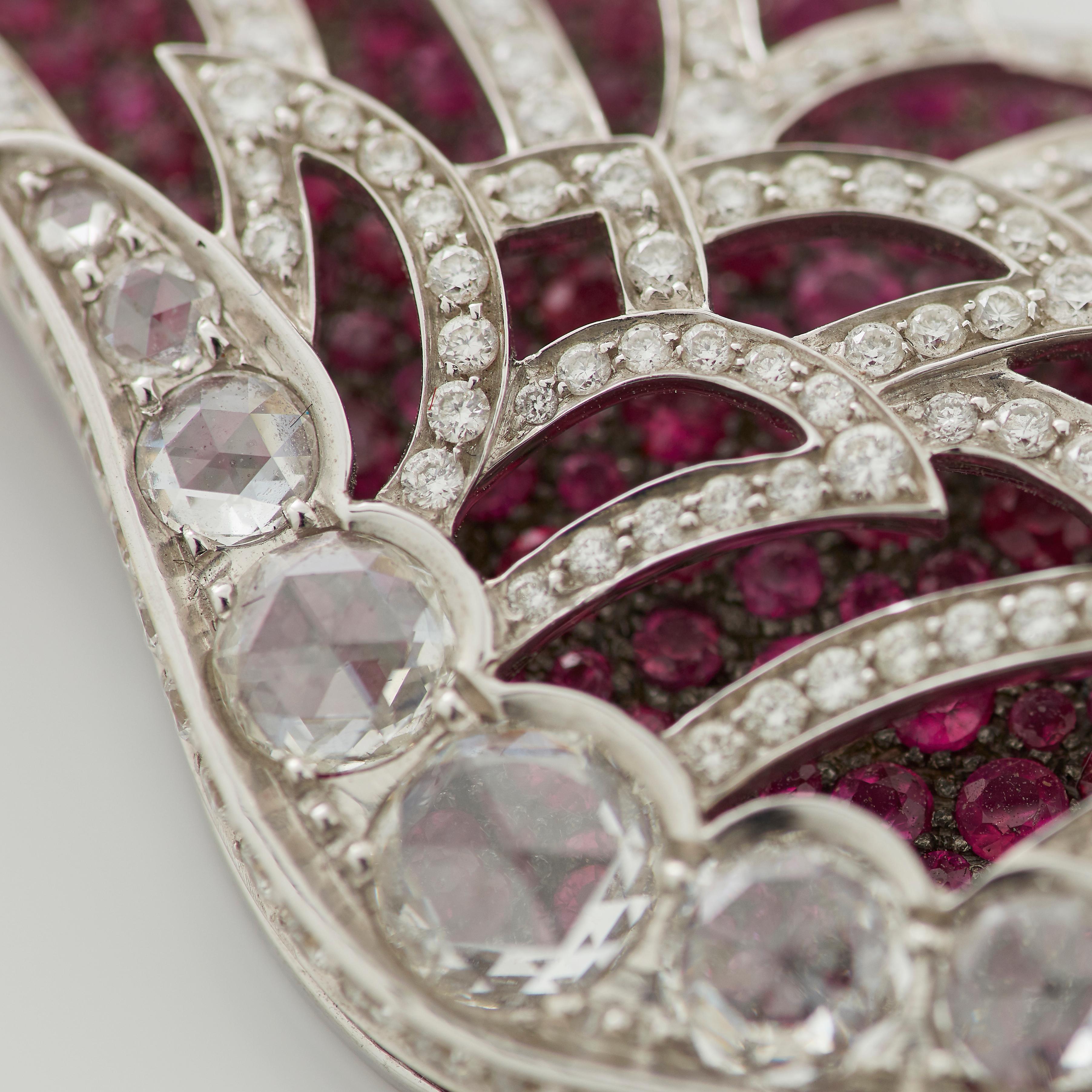 Garrard 'Wings Lace' 18 Karat White Gold Rose Cut Diamond and Ruby Drop Pendant For Sale 2