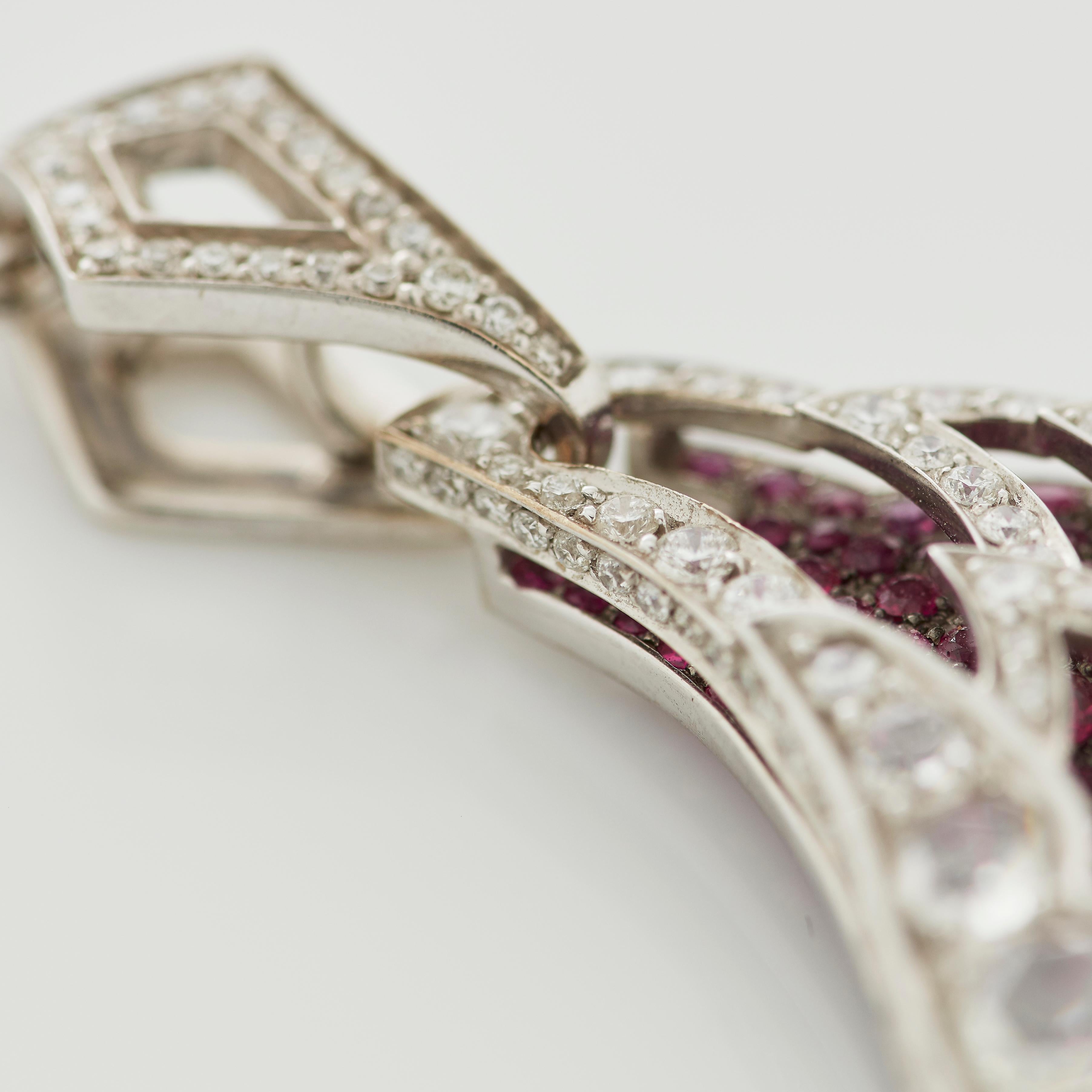 Garrard 'Wings Lace' 18 Karat White Gold Rose Cut Diamond and Ruby Drop Pendant For Sale 5