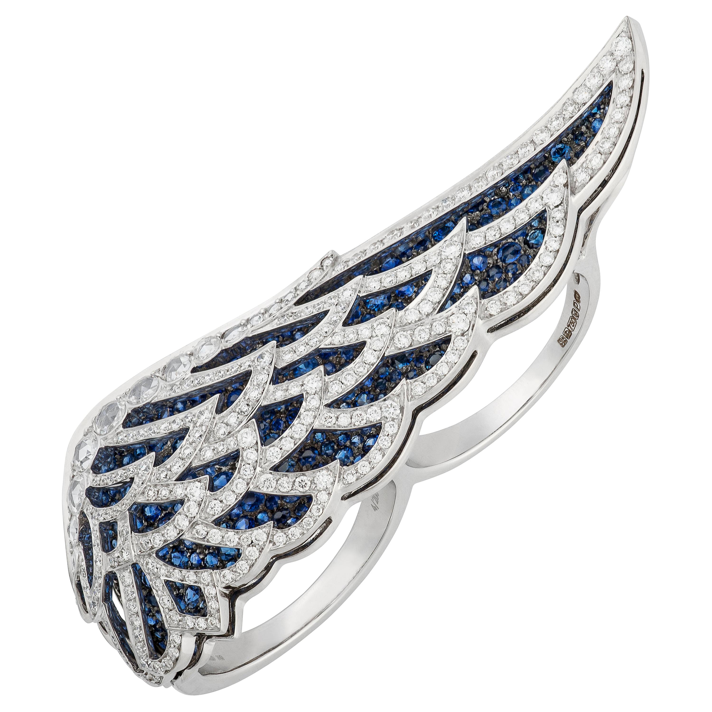Garrard 'Wings Lace' 18 Karat White Gold White Diamond and Sapphire Double Ring For Sale