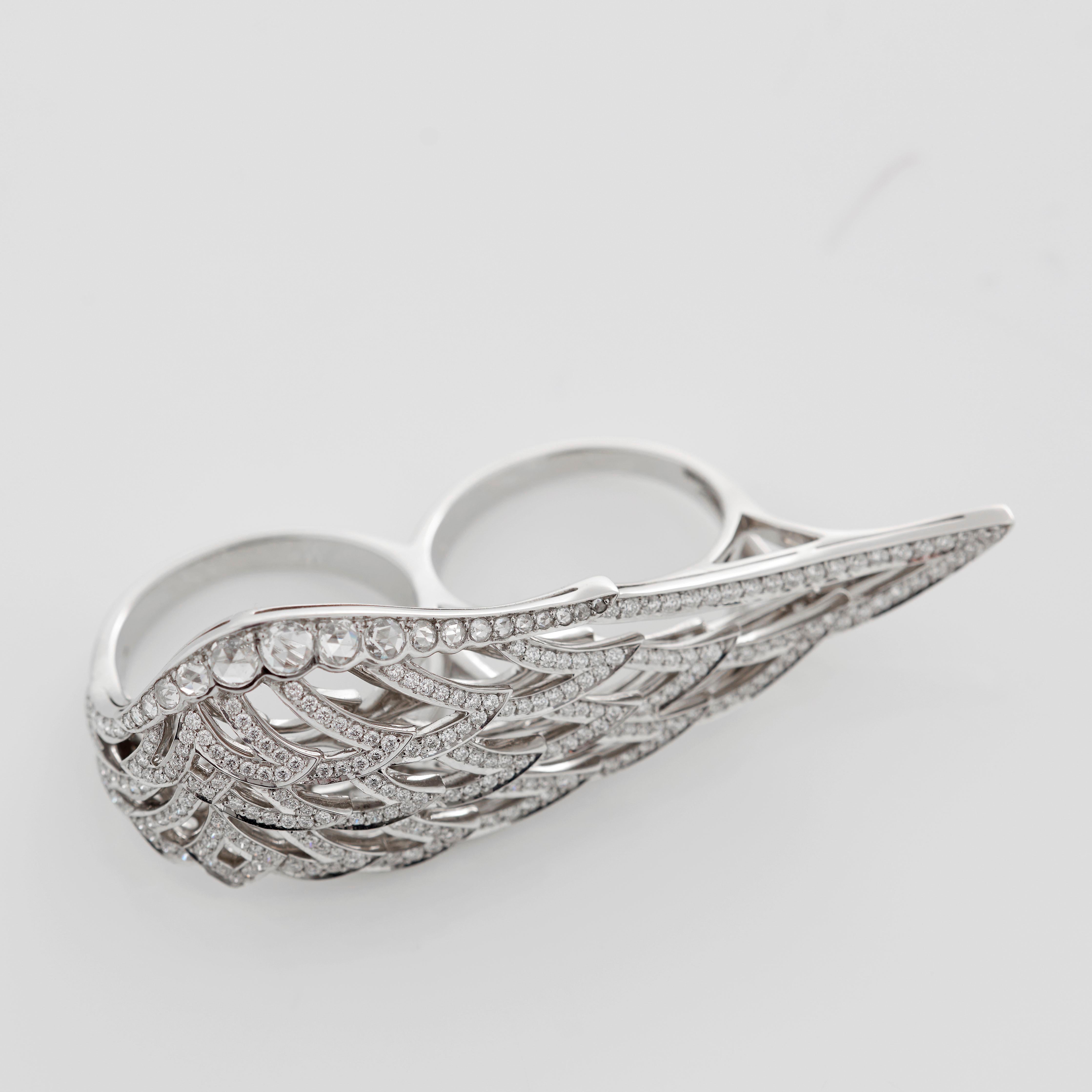 Garrard 'Wings Lace' 18 Karat White Gold White Diamond Double Finger Ring In New Condition For Sale In London, London