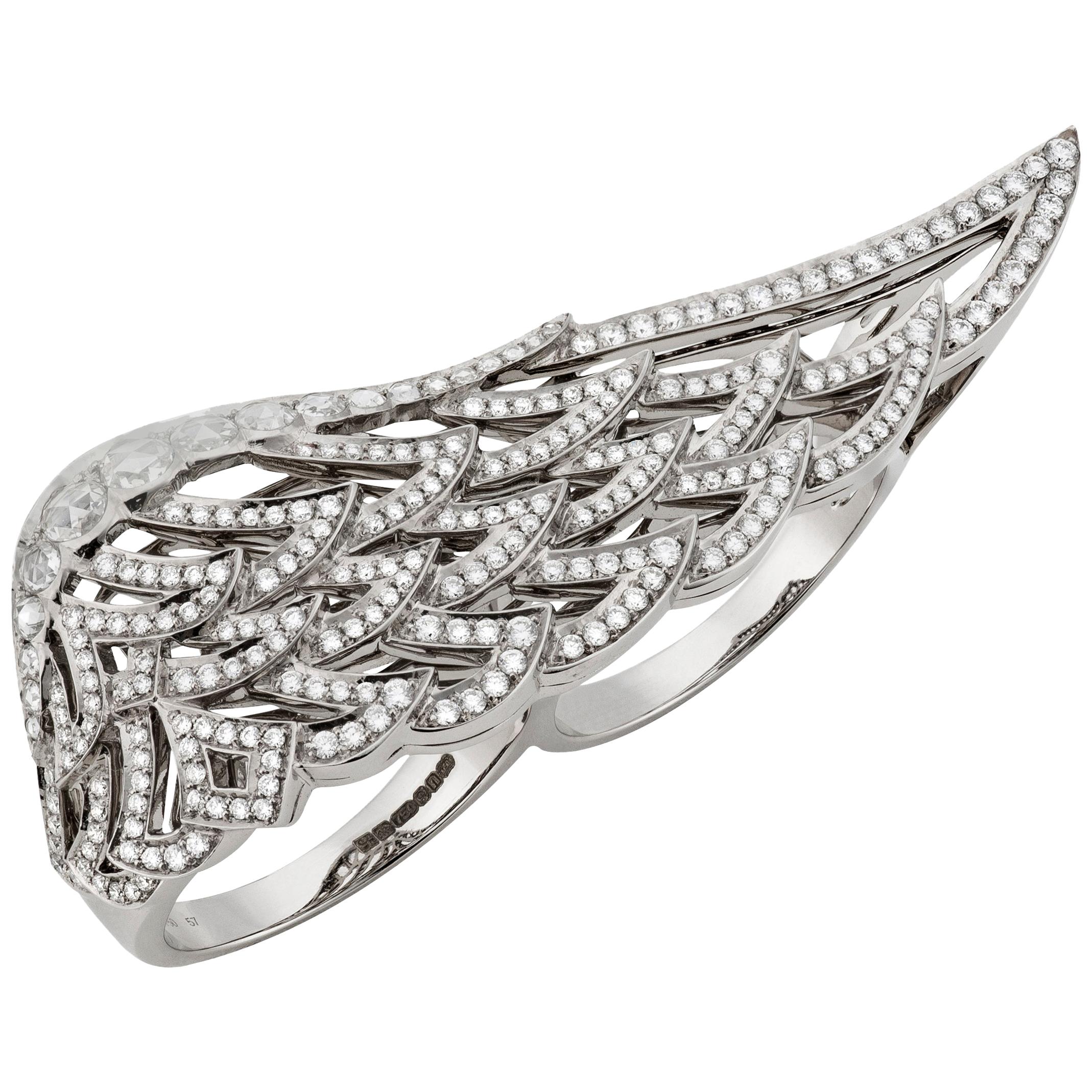 Garrard 'Wings Lace' 18 Karat White Gold White Diamond Double Finger Ring For Sale