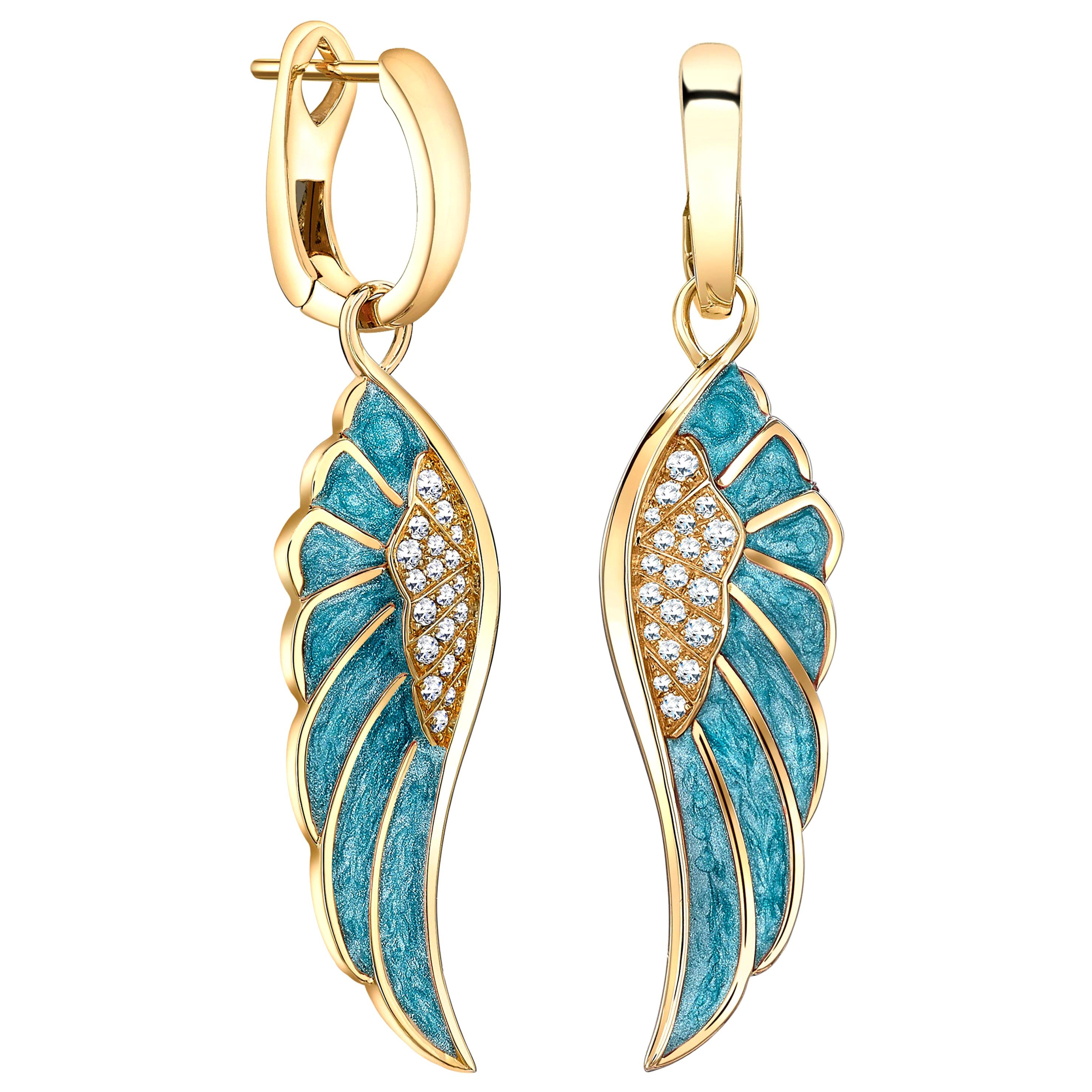 Garrard 'Wings Reflection' 18 Karat Gold White Diamond and Enamel Earrings For Sale