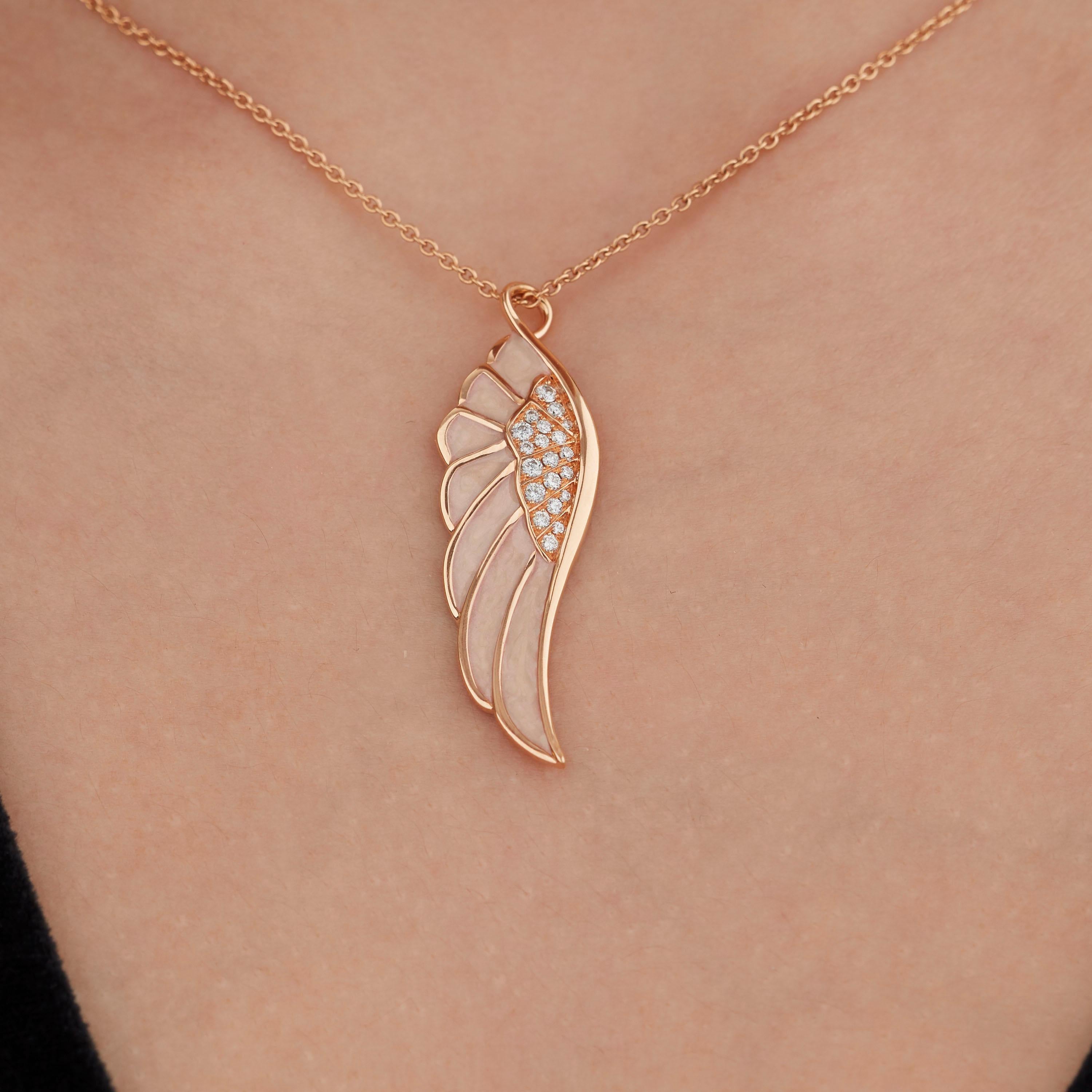 A House of Garrard 18 karat rose gold medium pendant from the 'Wings Reflection' collection, set with round white diamonds and 'Spring' coloured enamel.

20 round white diamonds weighing: 0.20cts

The House of Garrard is the longest serving jeweller