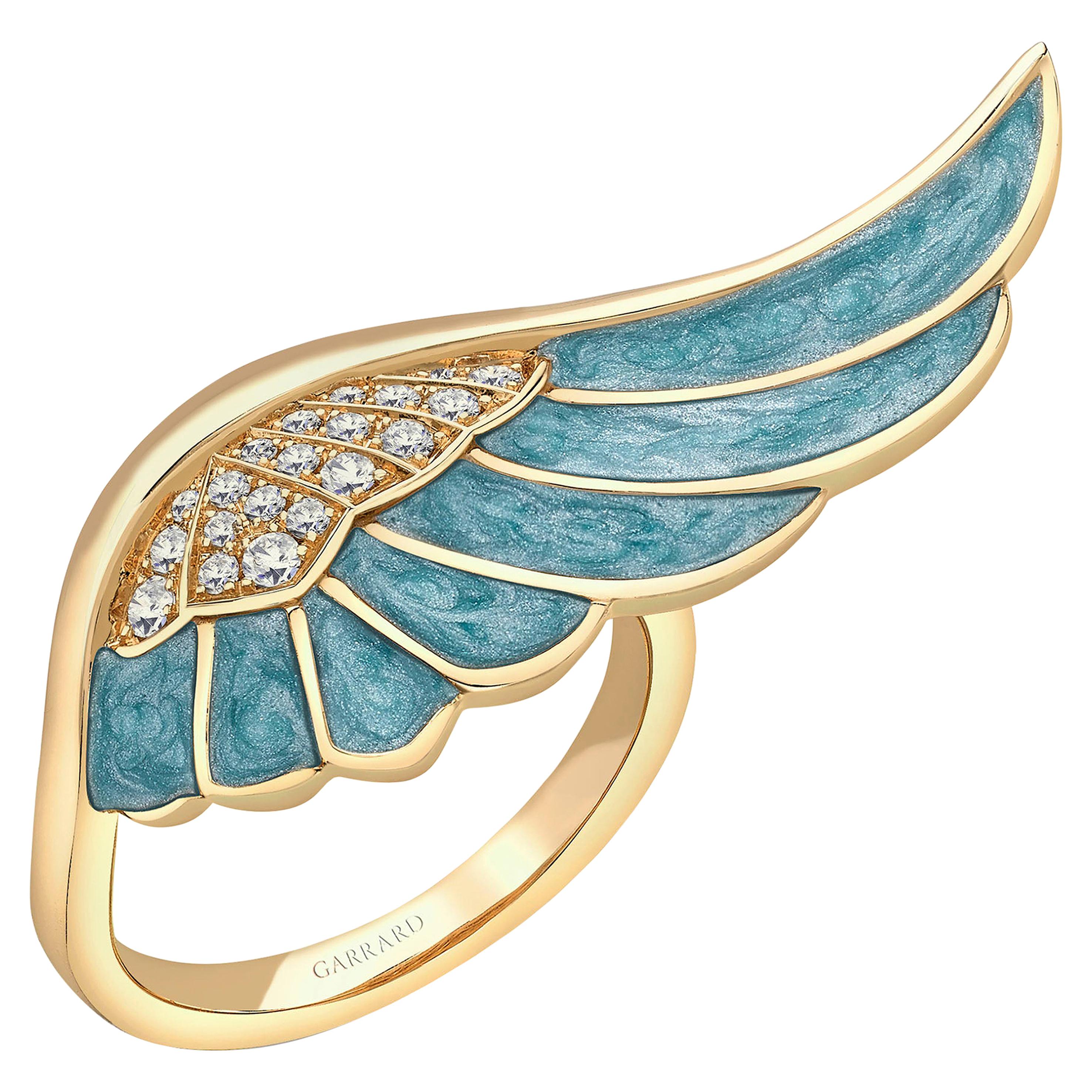 Garrard 'Wings Reflection' 18 Karat Yellow Gold White Diamond and Enamel Ring For Sale