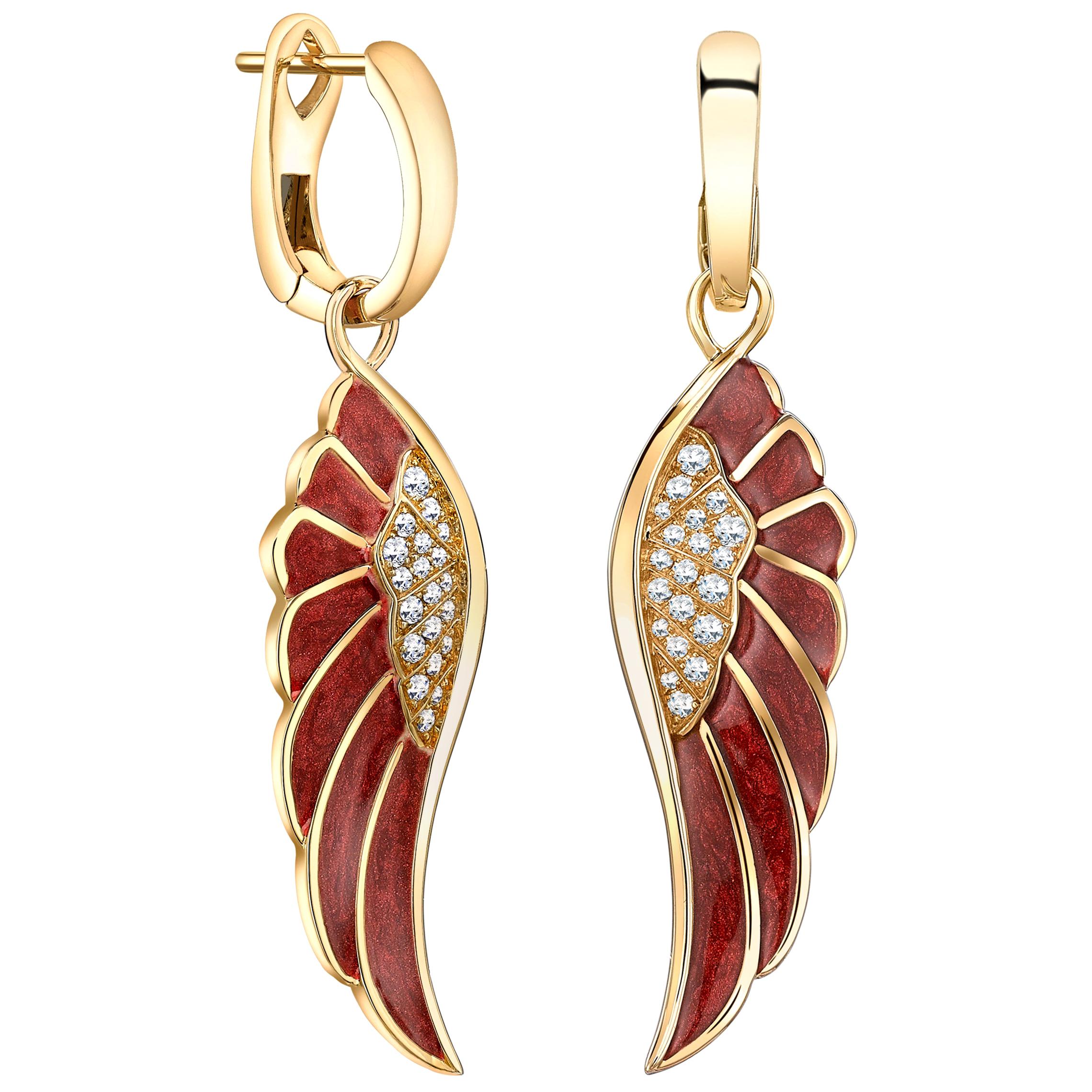 Garrard 'Wings Reflection' 18 Karat Yellow Gold White Diamond Enamel Earrings For Sale
