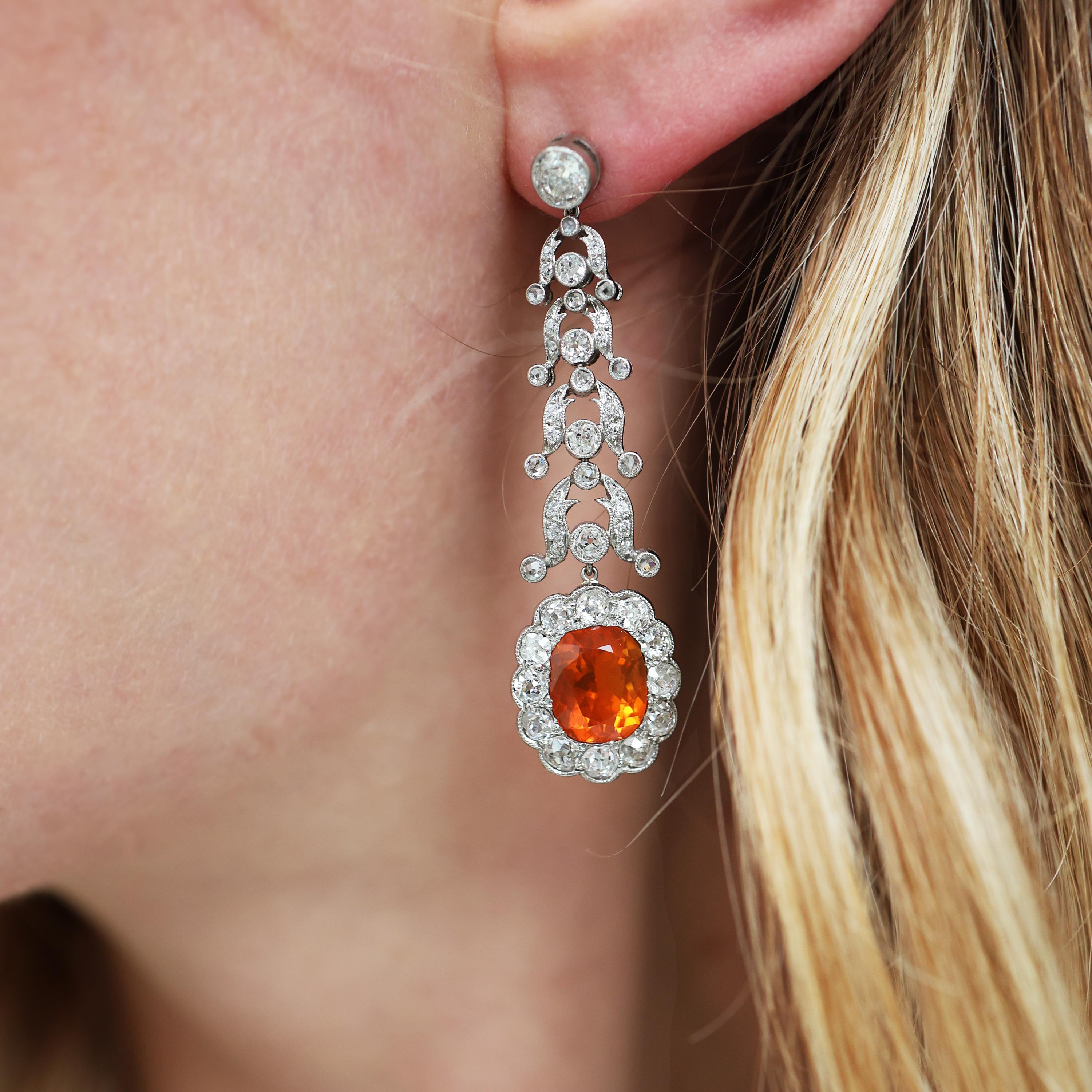 Oval Cut Garrards Fire Opal Diamond and Platinum Drop Earrings and Negligee Pendant Set For Sale