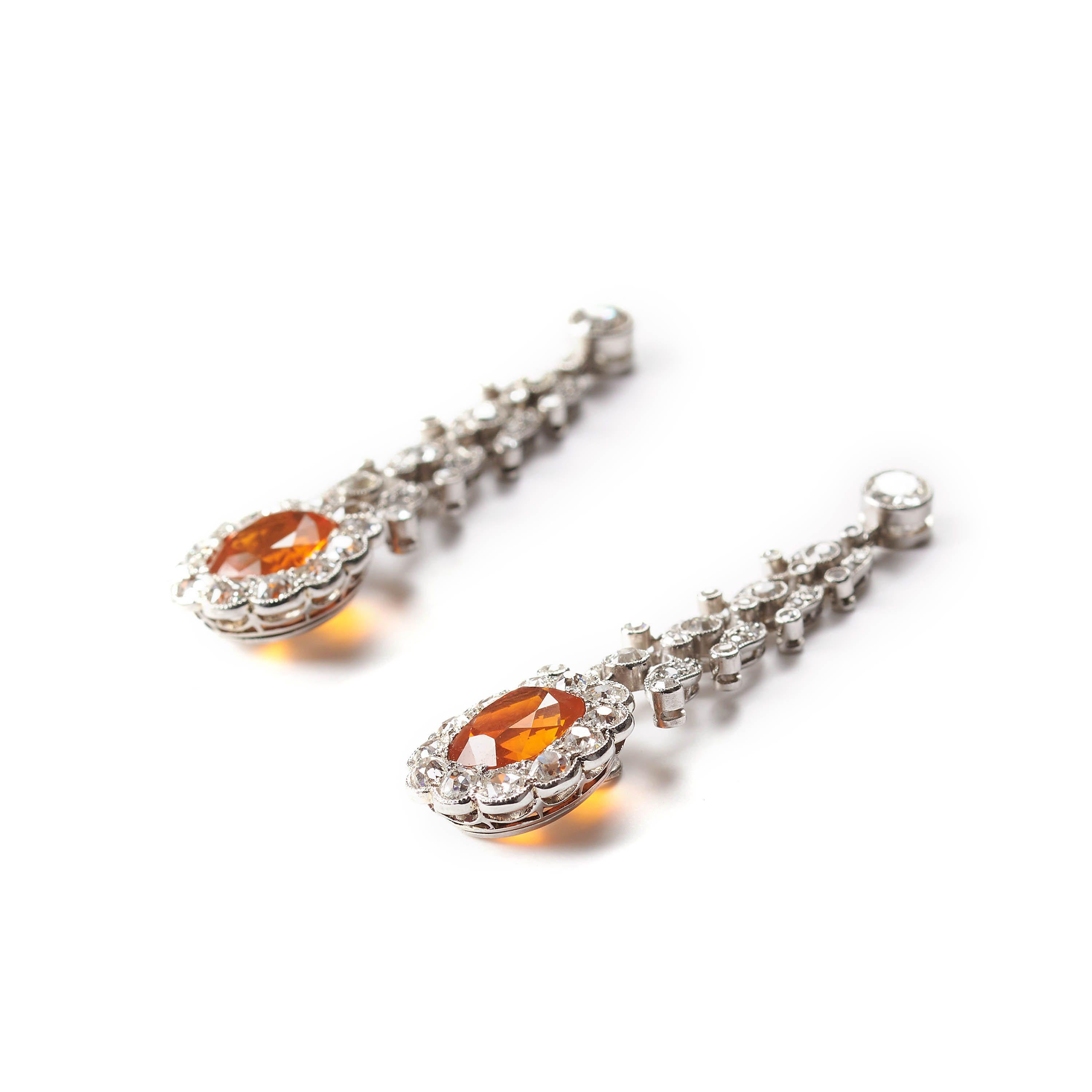 Garrards Fire Opal Diamond and Platinum Drop Earrings and Negligee Pendant Set In Good Condition For Sale In London, GB