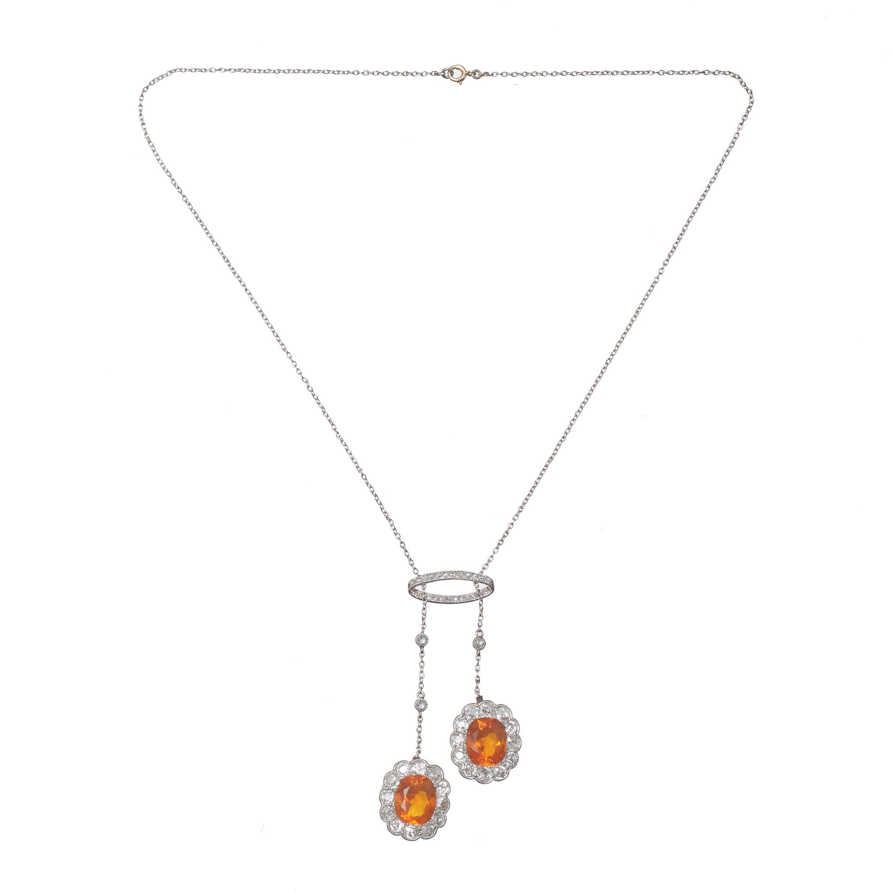 Art Deco Garrards Fire Opal Diamond and Platinum Drop Earrings and Negligee Pendant Set For Sale