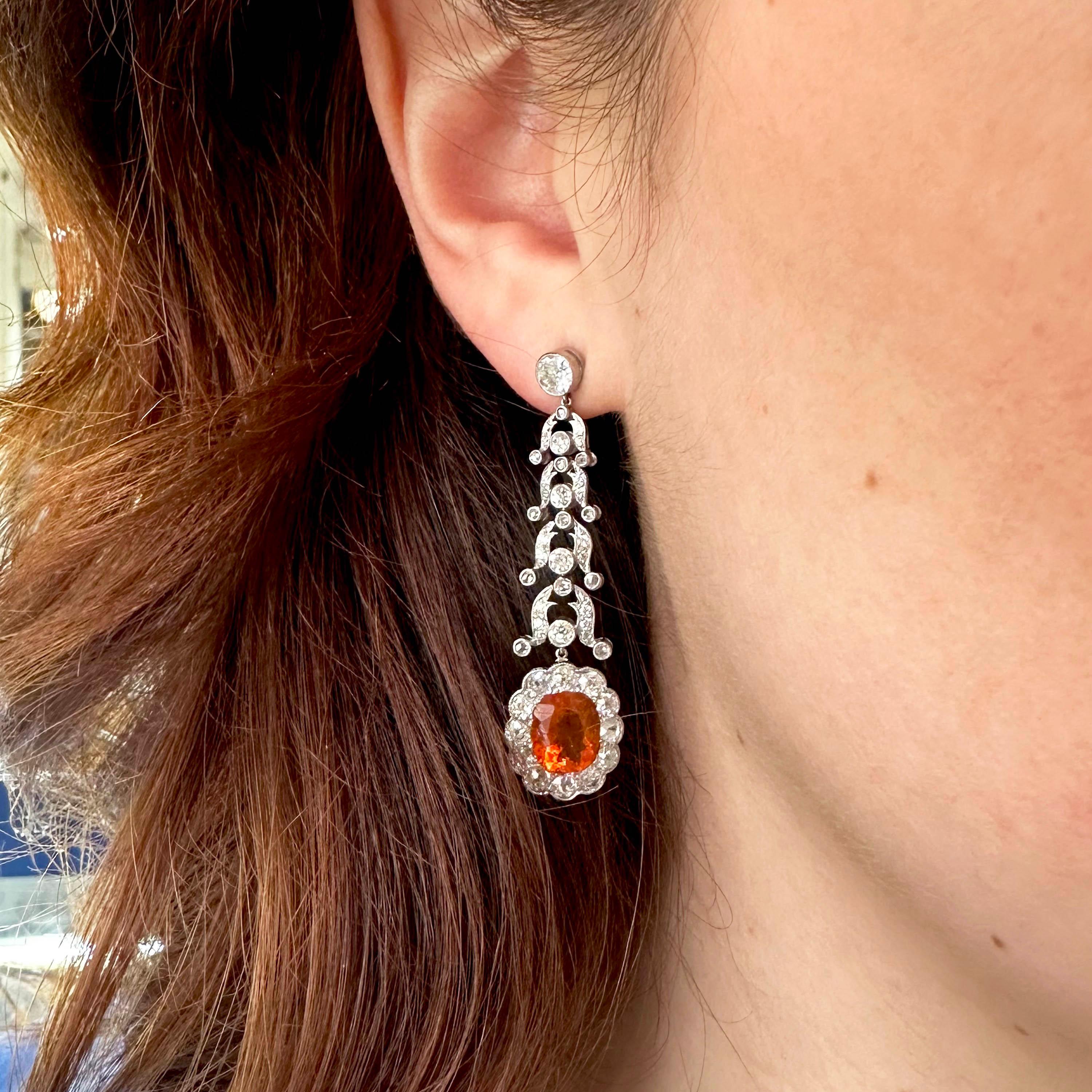 Garrards Fire Opal Diamond and Platinum Drop Earrings and Negligee Pendant Set For Sale 1