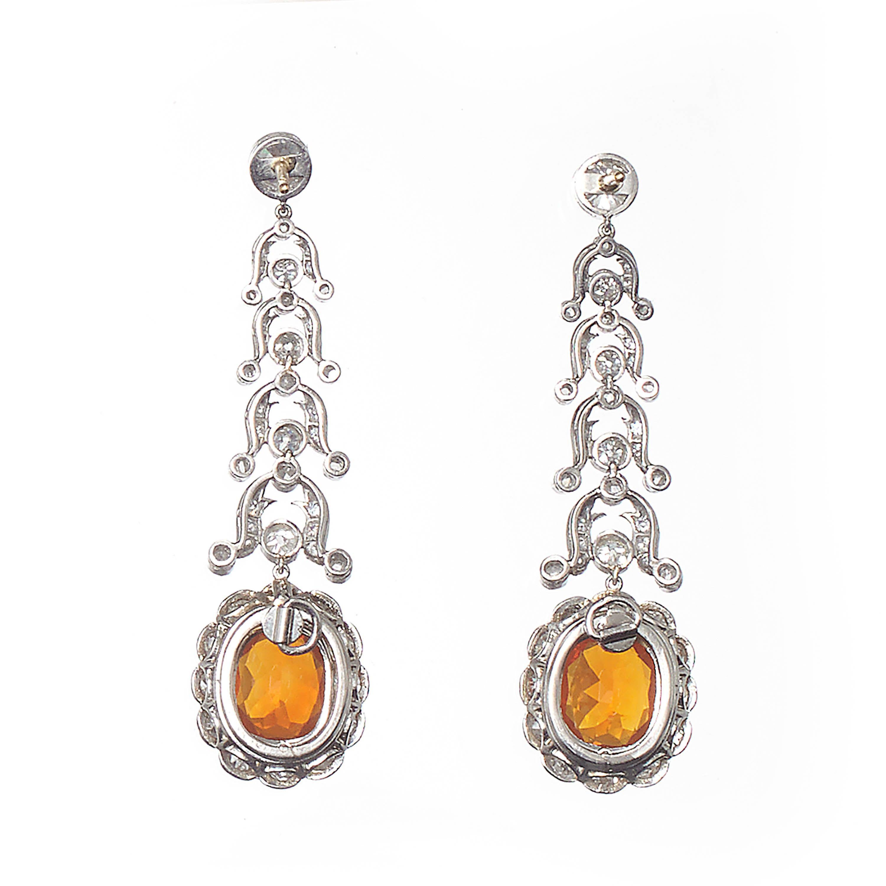 Garrards Fire Opal Diamond and Platinum Drop Earrings and Negligee Pendant Set For Sale 1