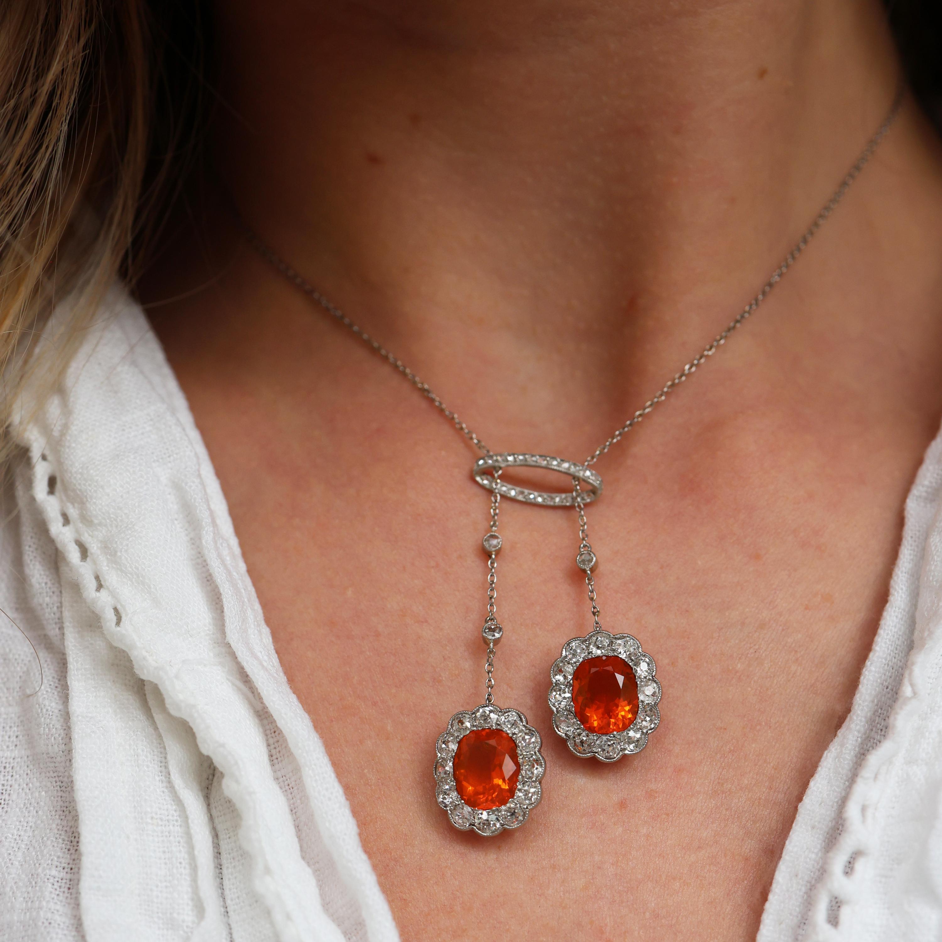 Women's Garrards Fire Opal Diamond and Platinum Drop Earrings and Negligee Pendant Set For Sale