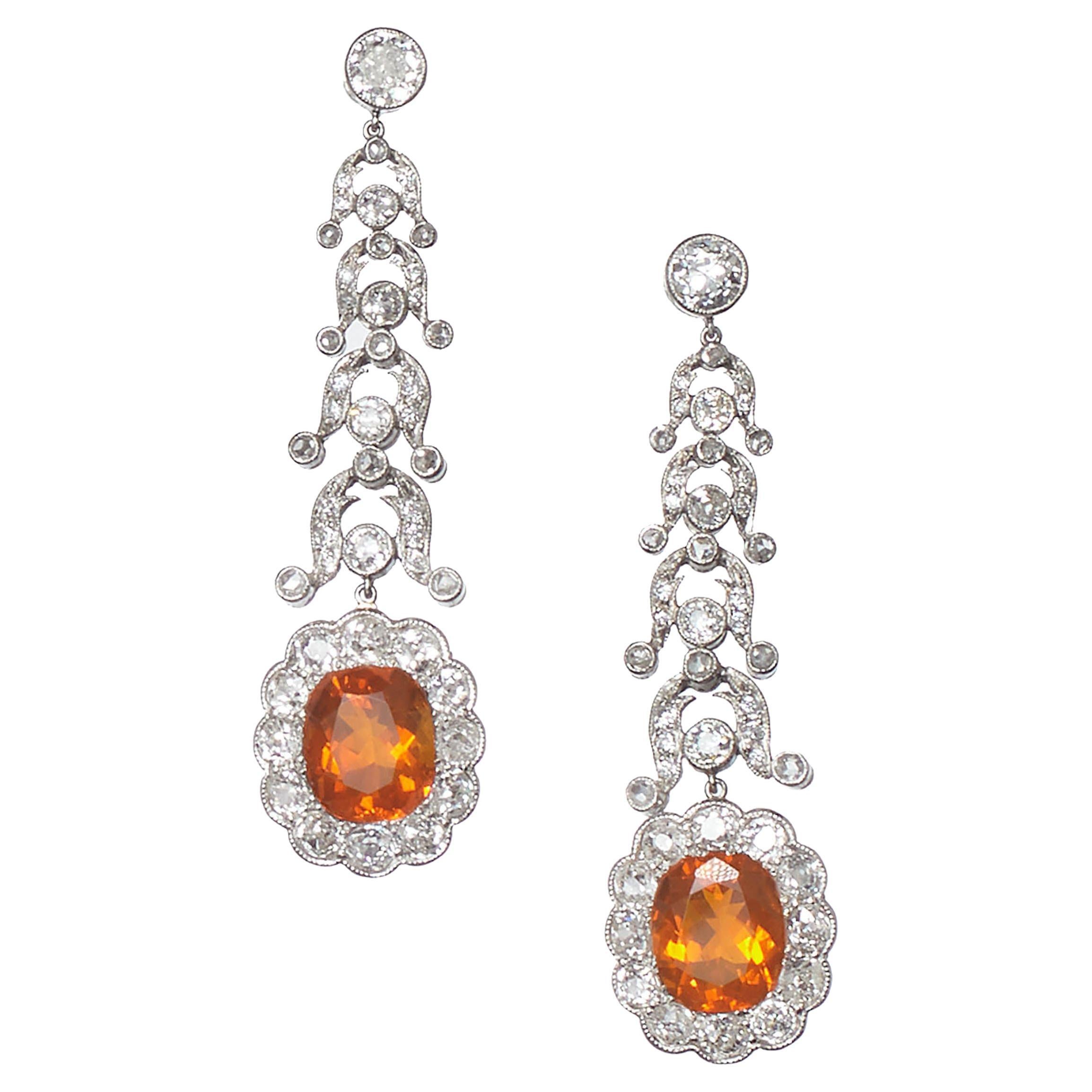 Garrards Fire Opal Diamond and Platinum Drop Earrings and Negligee Pendant Set