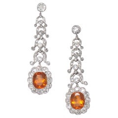 Antique Garrards Fire Opal Diamond and Platinum Drop Earrings and Negligee Pendant Set