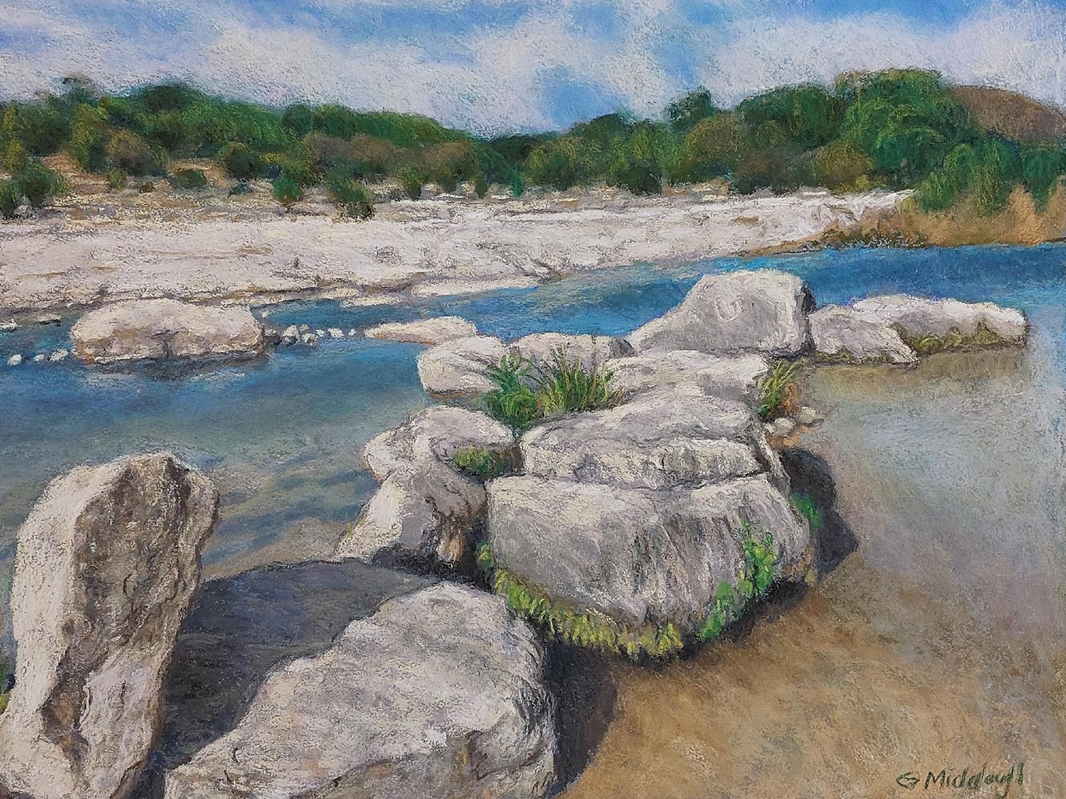 On the Frio River, Landschaft, Pastell, Realismus, Texas Artist, Texas Hill Country – Painting von Garrett Middaugh