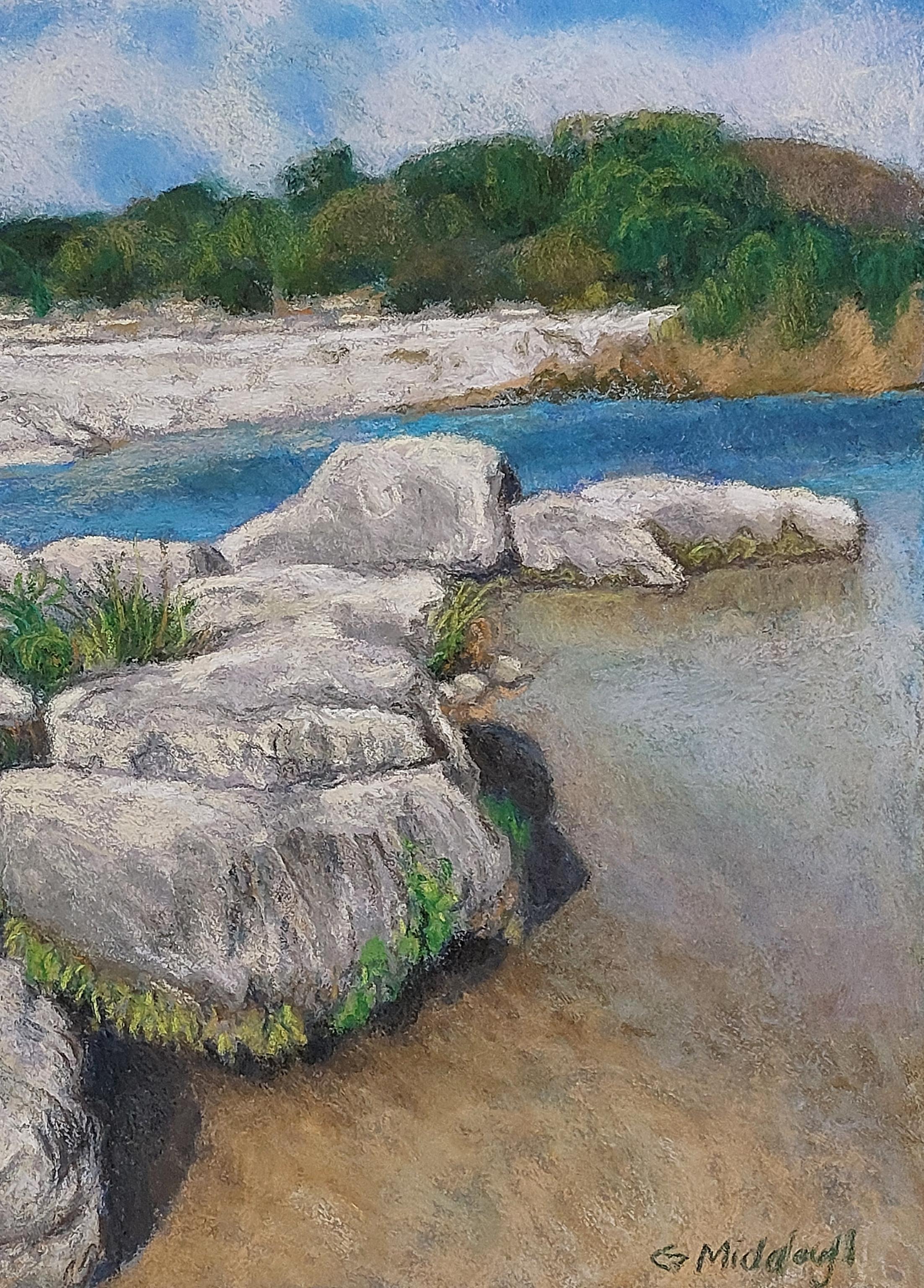 On the Frio River, Landschaft, Pastell, Realismus, Texas Artist, Texas Hill Country (Amerikanischer Realismus), Painting, von Garrett Middaugh
