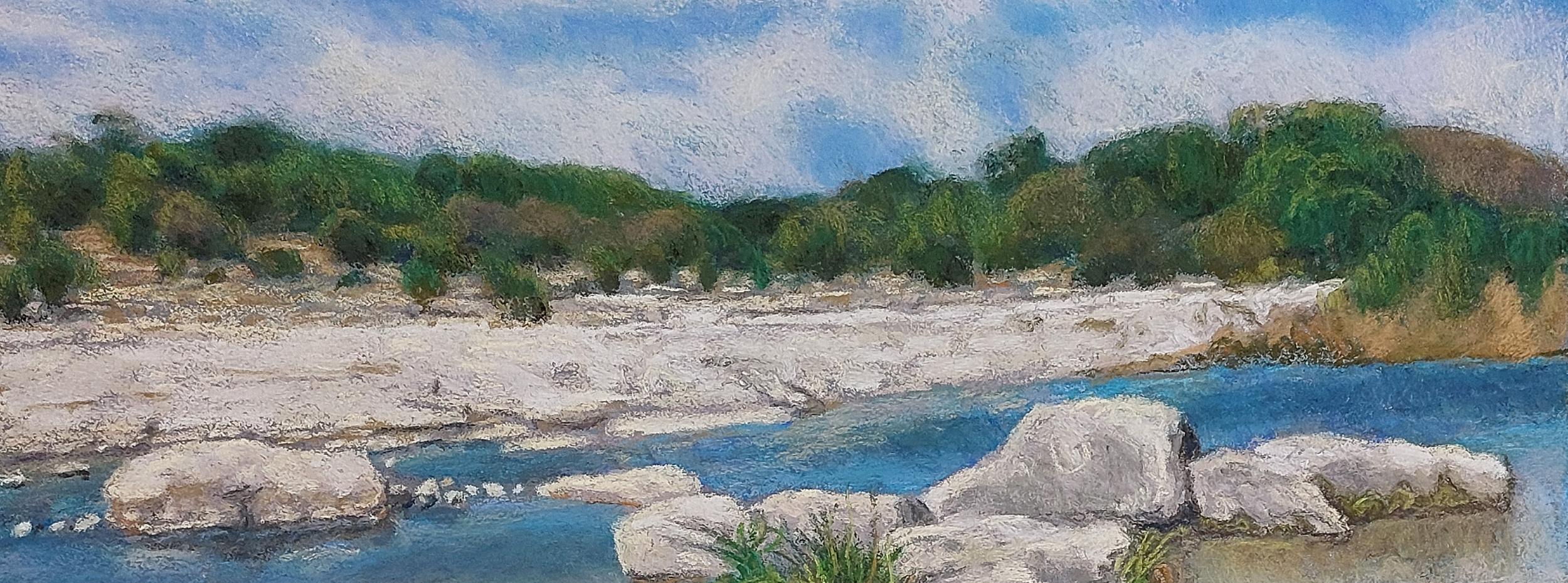 On the Frio River, Landschaft, Pastell, Realismus, Texas Artist, Texas Hill Country (Grau), Landscape Painting, von Garrett Middaugh
