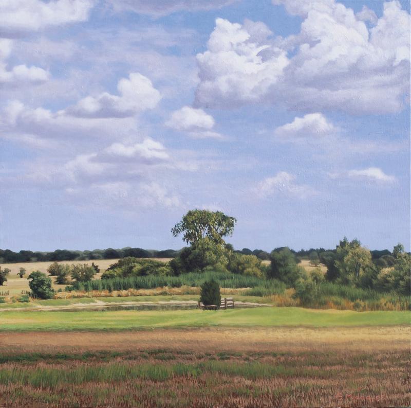 Stock Pond in the Summer, Landscape Oil , Realism, Texas Hill Country - Purple Landscape Painting by Garrett Middaugh