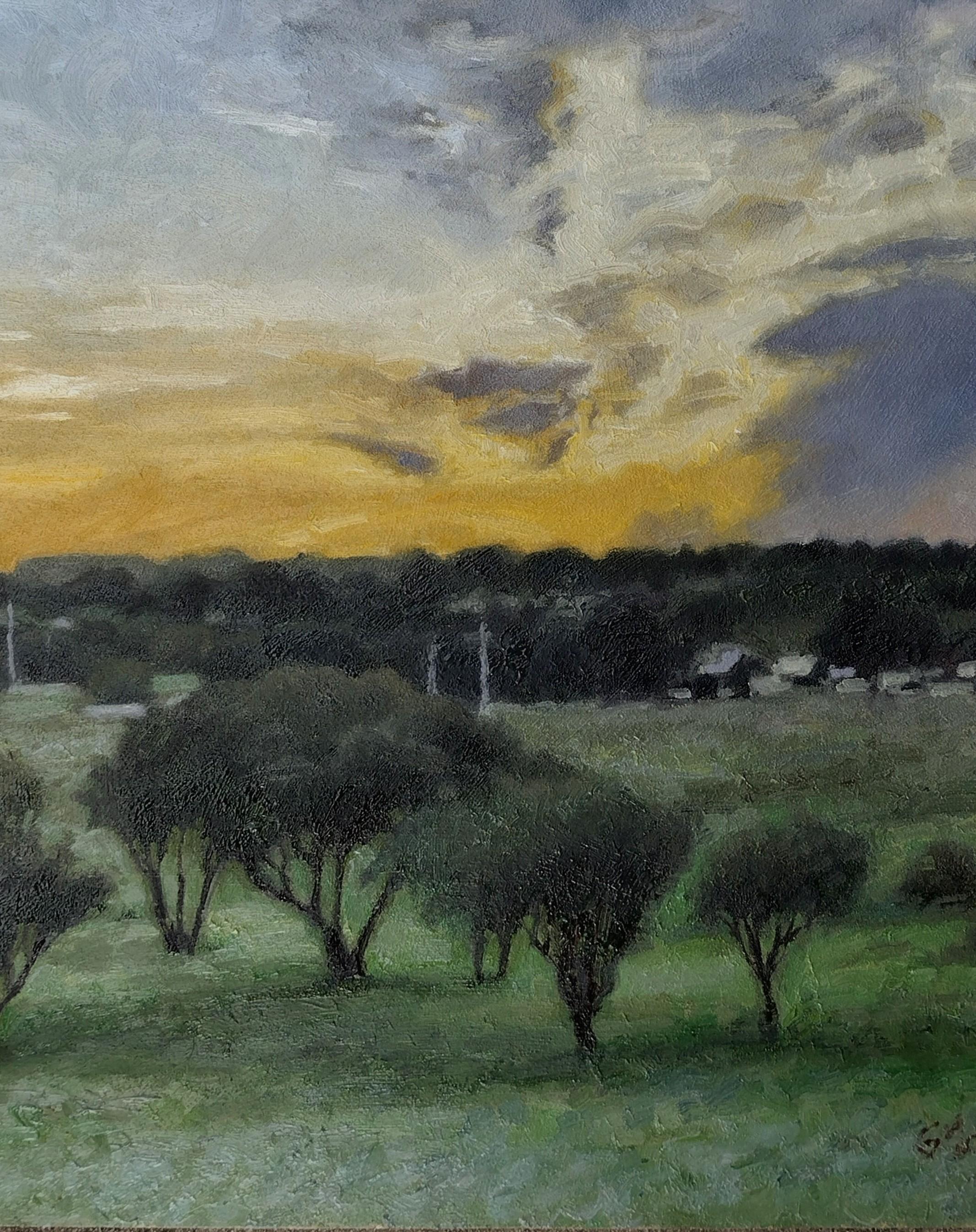 Atardecer, San Antonio, 20x16, óleo sobre panel Texas - Painting de Garrett Middaugh