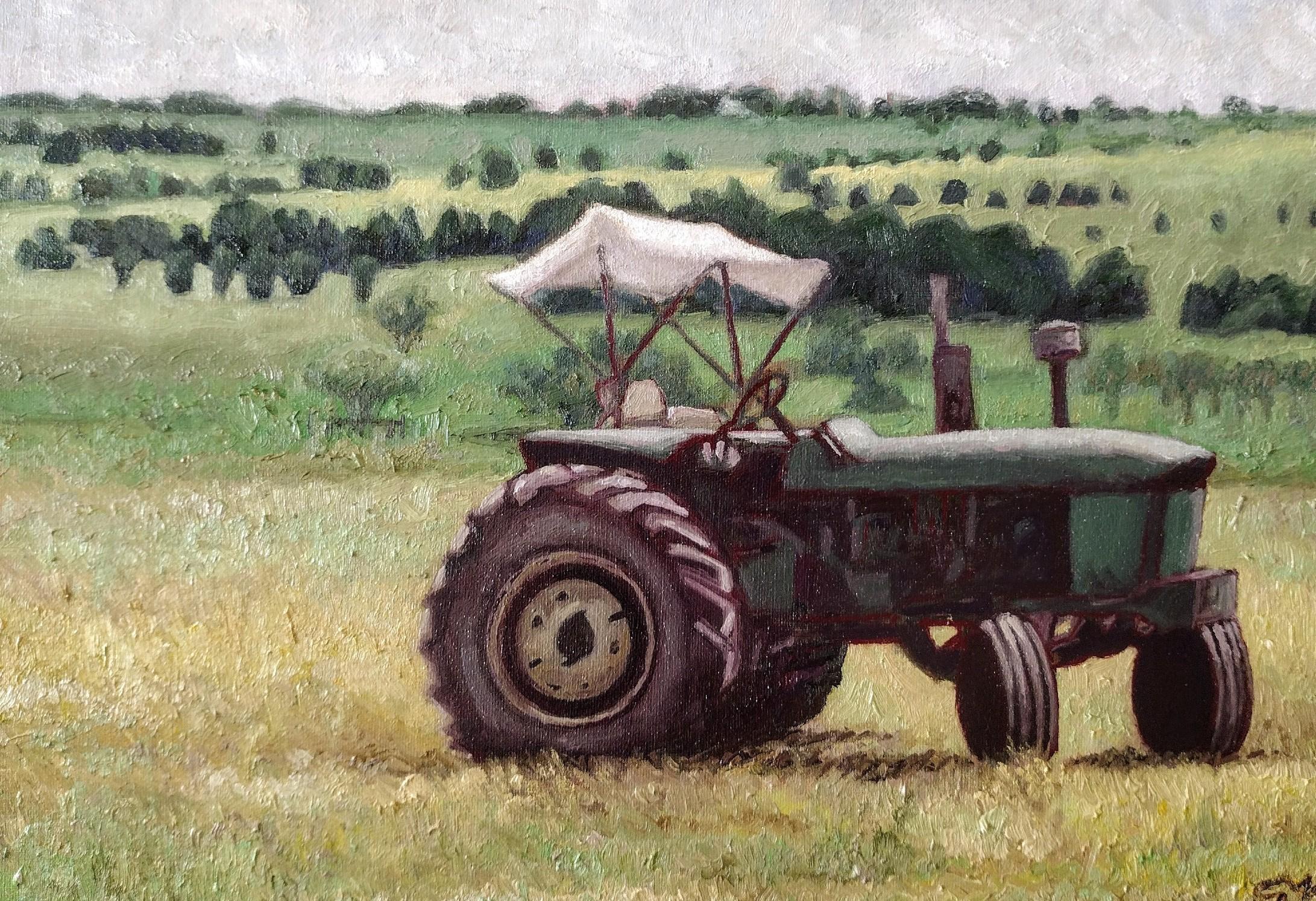 Tractor, Rancho del centro de Texas (cerca de Fayetteville), 16x20, óleo sobre panel - Painting de Garrett Middaugh