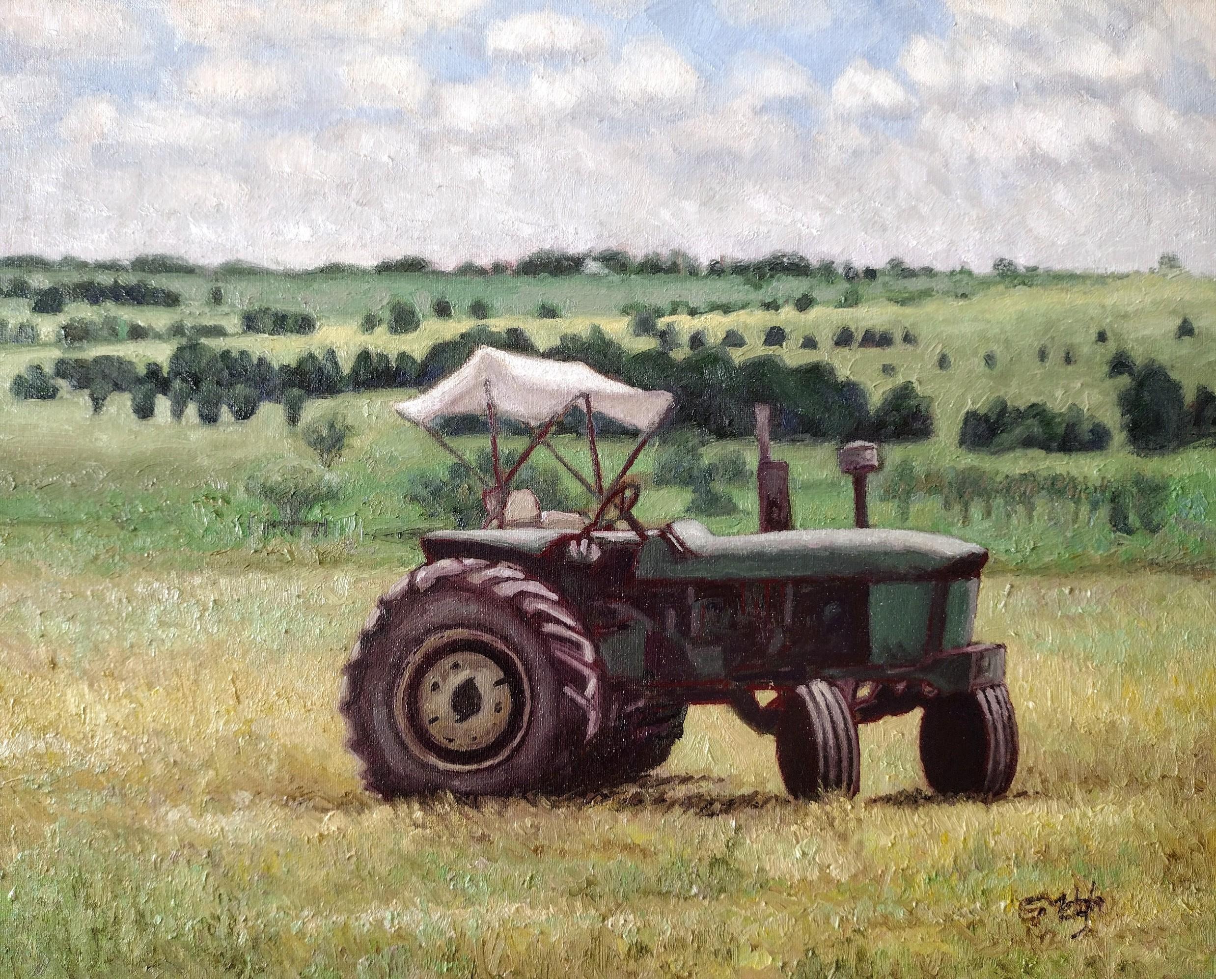 Tractor, Rancho del centro de Texas (cerca de Fayetteville), 16x20, óleo sobre panel - Painting realista estadounidense de Garrett Middaugh