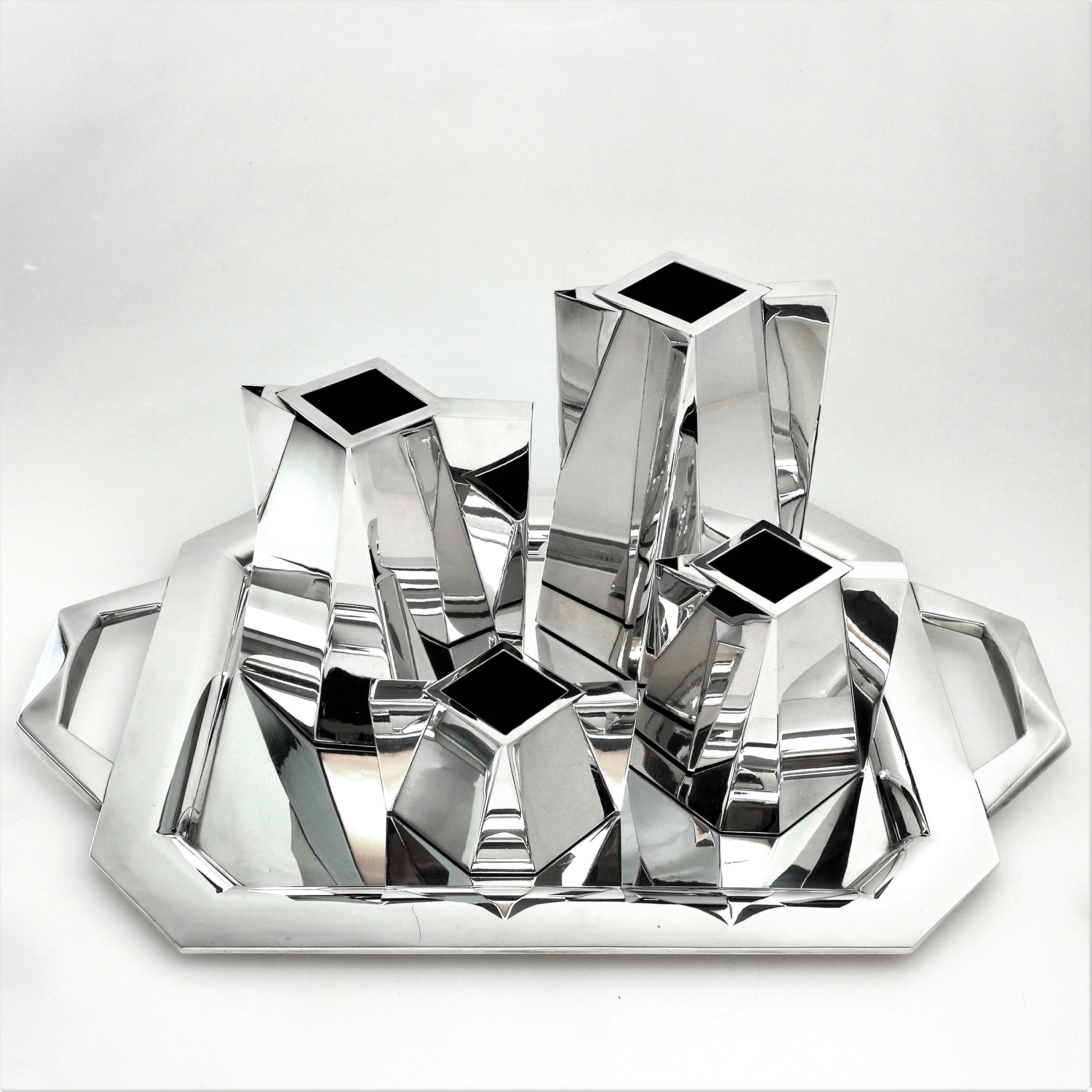 Contemporary Garrido 5-Piece Sterling Silver Prism Tea and Coffee Set on Tray c 2000 Modern
