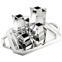 Garrido 5-Piece Sterling Silver Prism Tea and Coffee Set on Tray c 2000 Modern