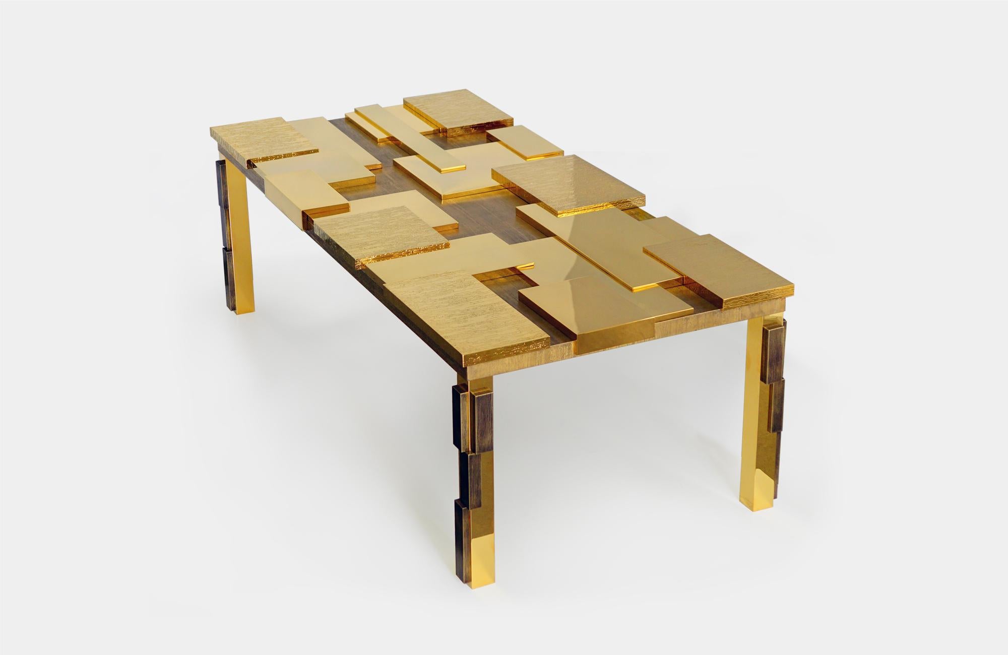 Cuspid rectangular table, 2017

H41 W123 D60 CM ?
H16.14 W48.43 D23.62 IN

24 karat yellow gold & bronze-plated metal.
Limited edition of 8 + 2AP.