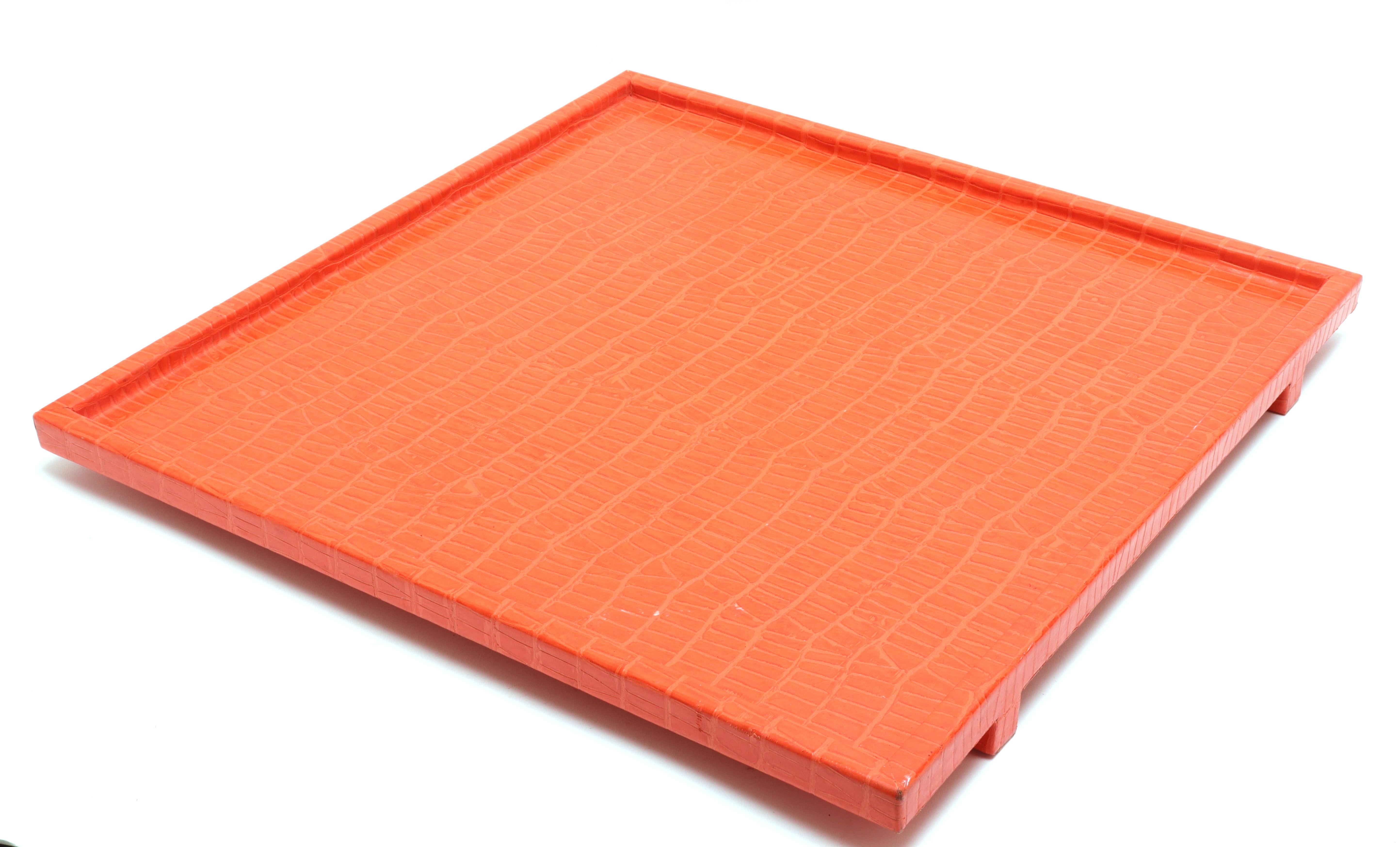 Garrison Rousseau modern square serving tray in orange faux-leather. The piece has a makers mark on the bottom and is in great vintage condition with age-appropriate wear and use.