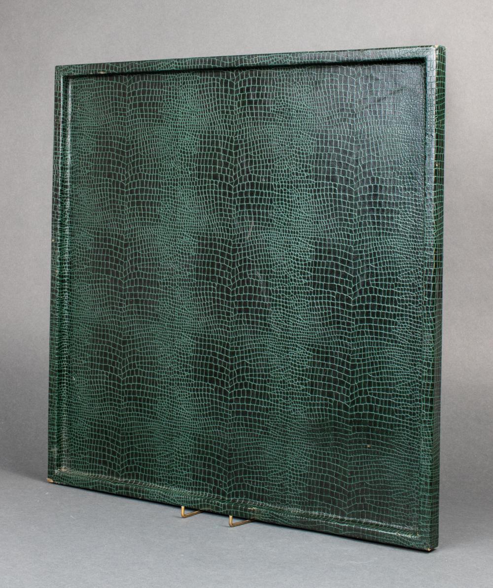Garrison Rousseau modern reptile leather large square tray, maker's mark underside. Measures: 1.75