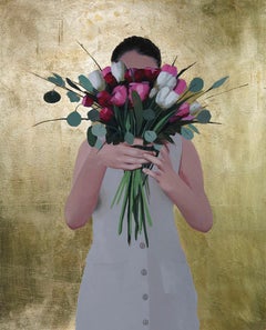 With Love - figurative contemporary acrylic floral bouquetpaint human figure art